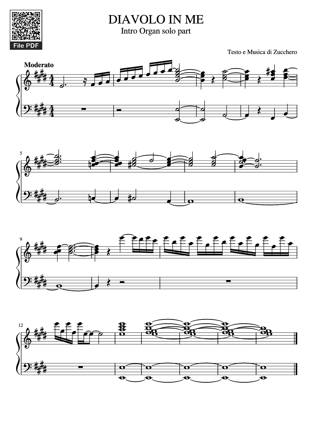 Page 1 of the piano sheet music PDF Piano – DIAVOLO IN ME Intro Organ solo part Piano by Testo e Musica di Zucchero