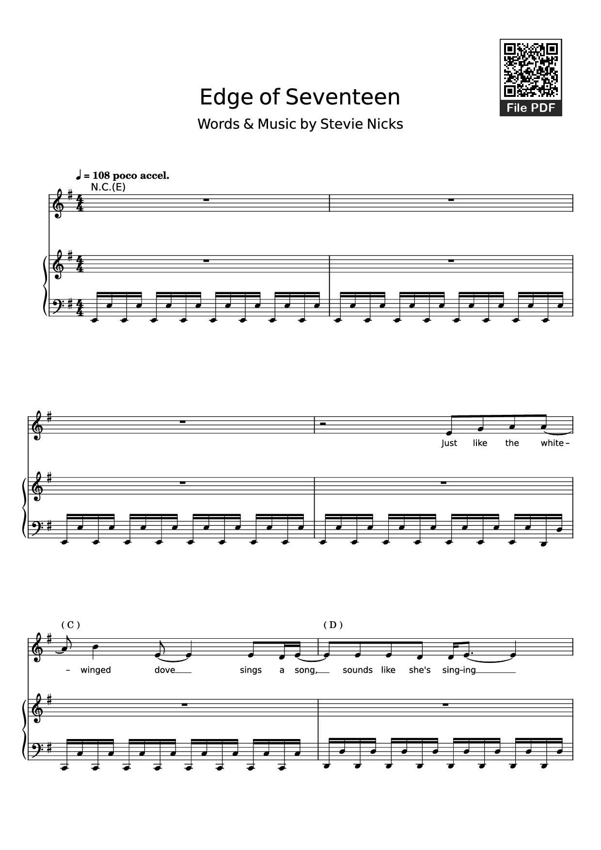 Page 1 of the piano sheet music PDF Piano – Edge of Seventeen Piano by STEVIE NICKS