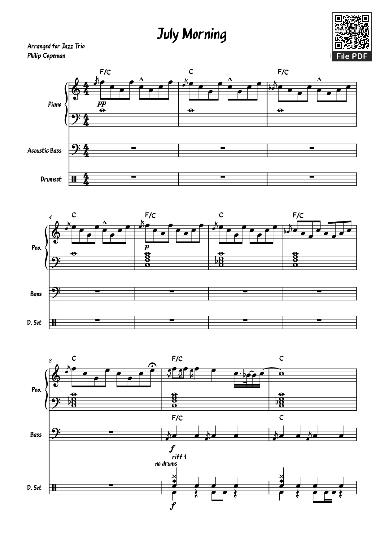 Page 1 of the piano sheet music PDF Piano Guitar Tab – July Morning Piano by Uriah Heep