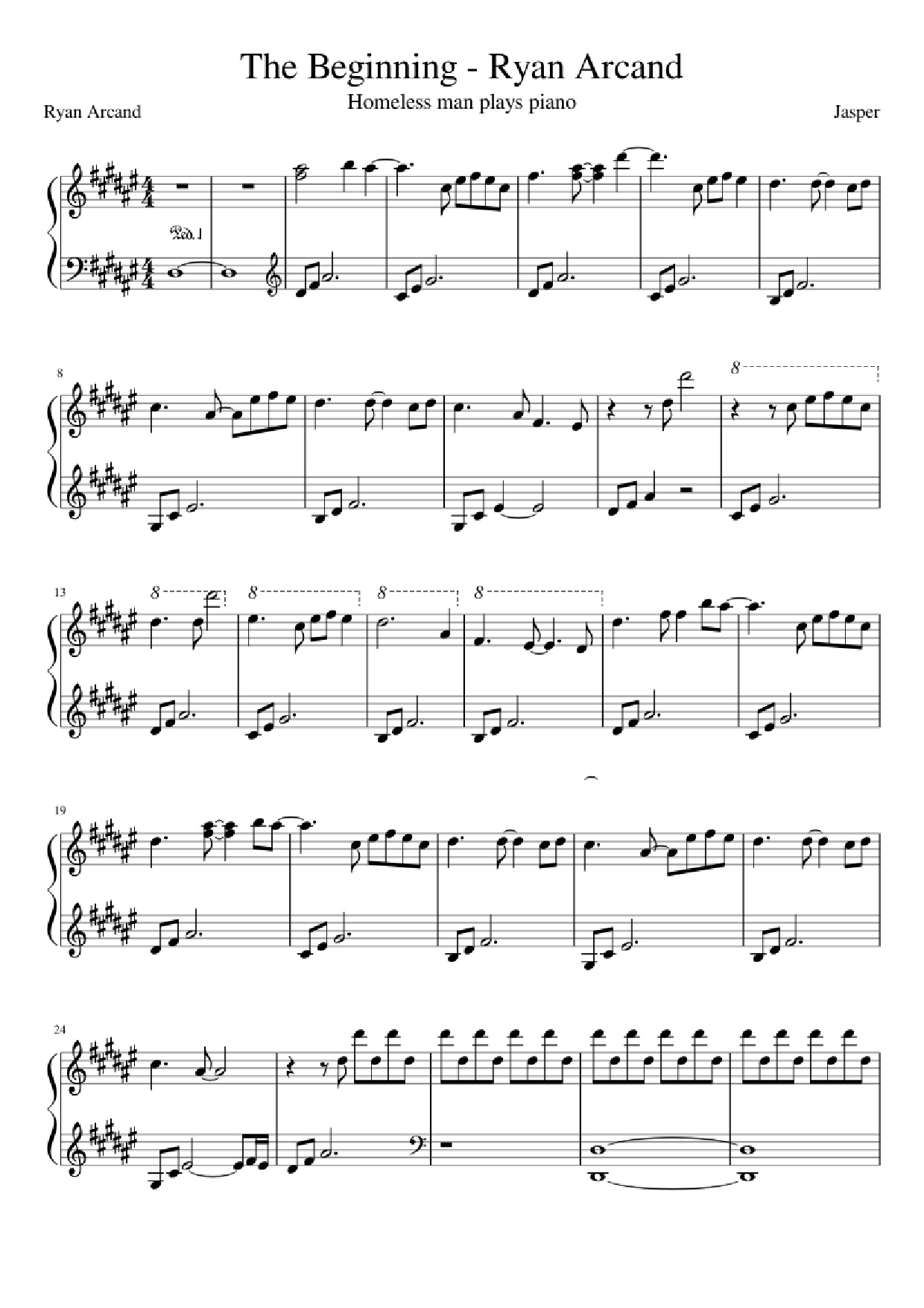 Page 1 of the piano sheet music PDF Piano – The Beginning - Homeless man plays Piano by Jasper