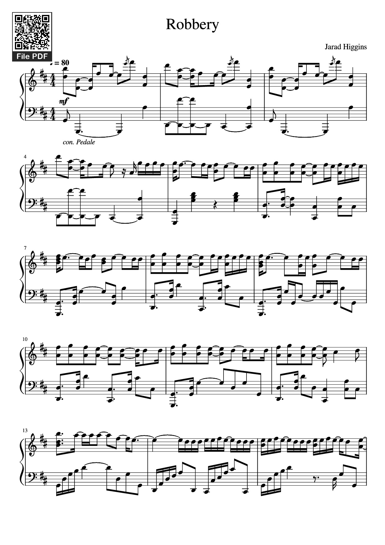 Page 1 of the piano sheet music PDF Piano – Robbery Piano by Jarad Higgins