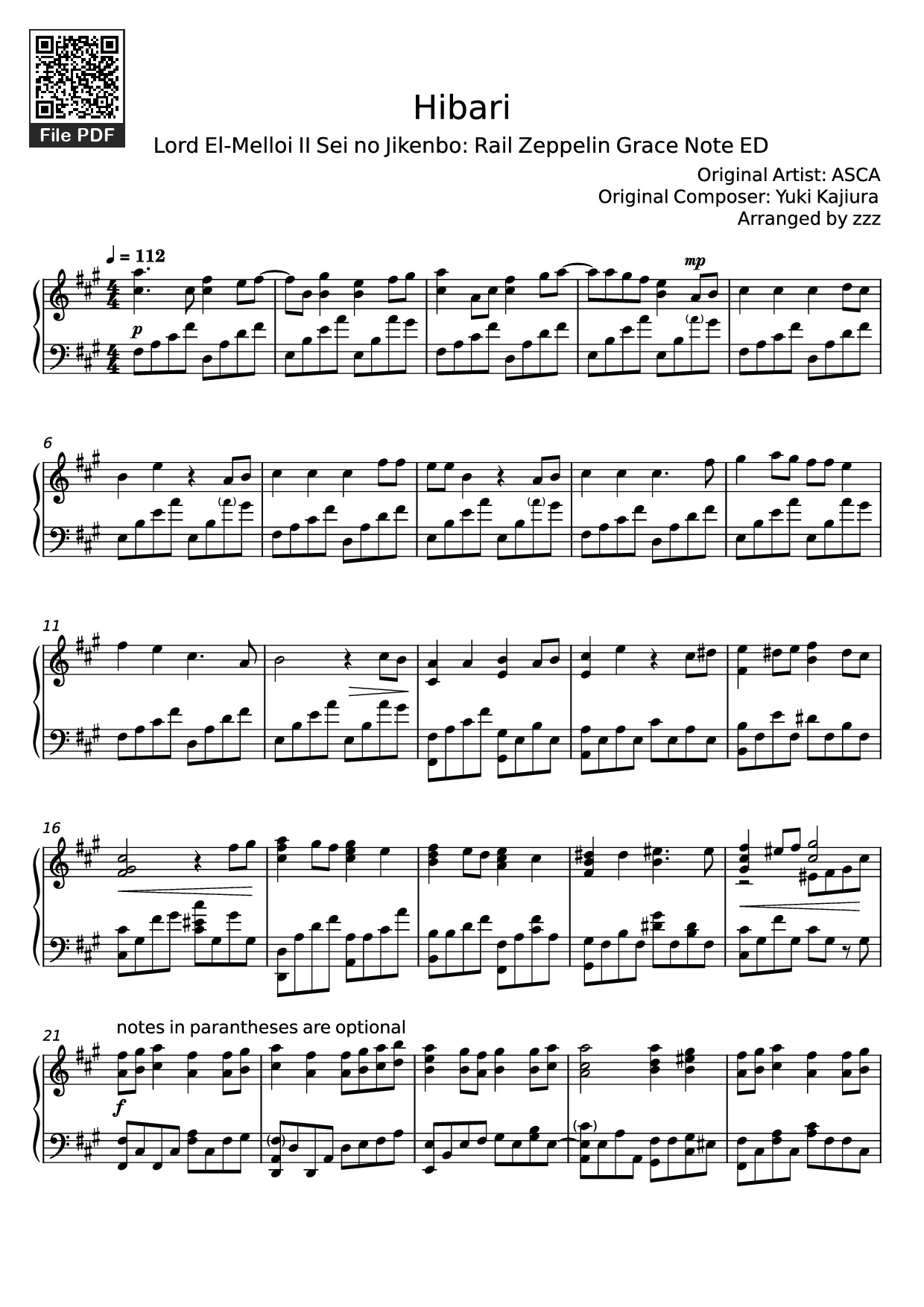 Page 1 of the piano sheet music PDF Piano – Hibari Piano by Original Artist: ASCA