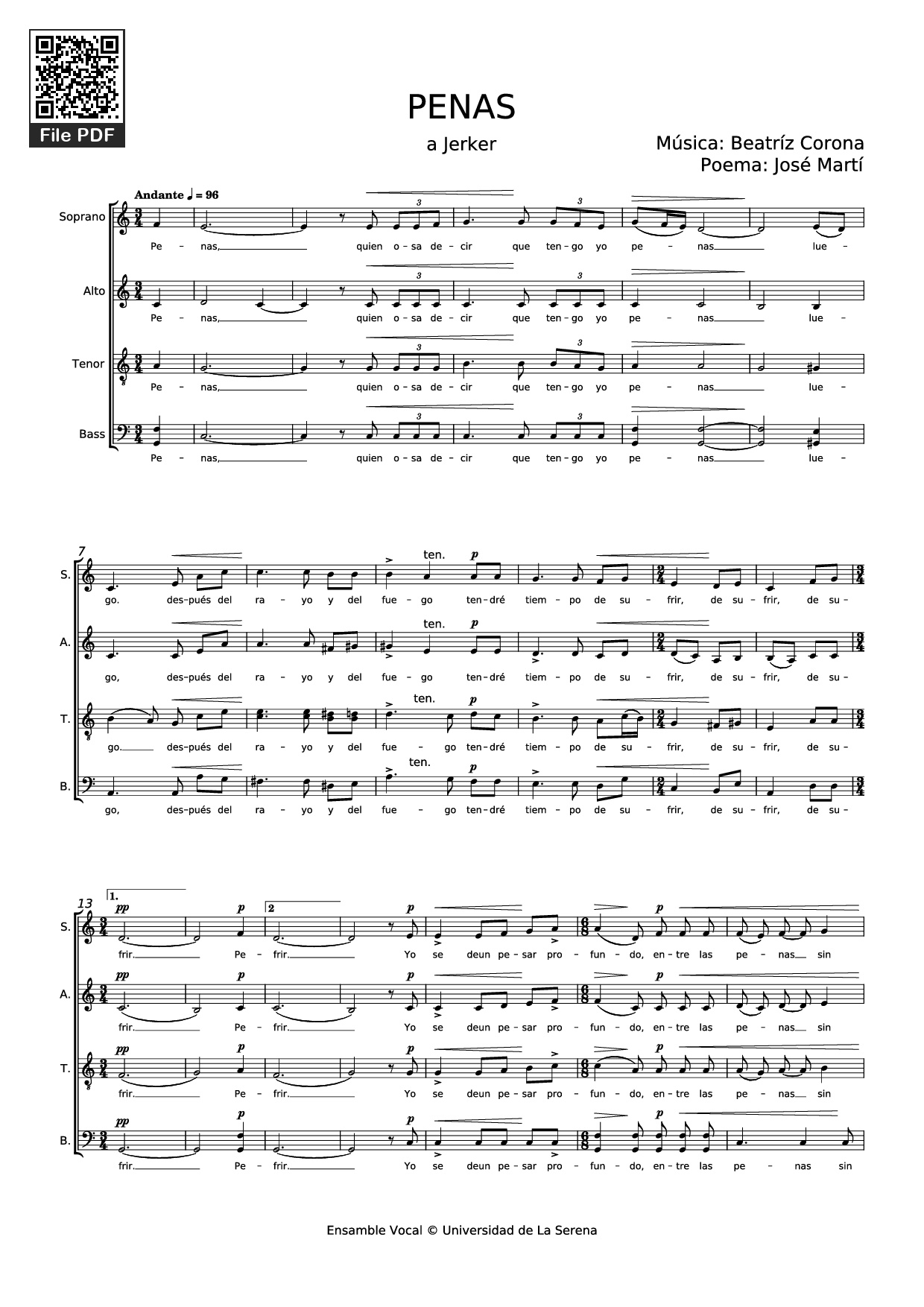 Page 1 of the piano sheet music PDF Piano – PENAS Piano by Música: Beatríz Corona