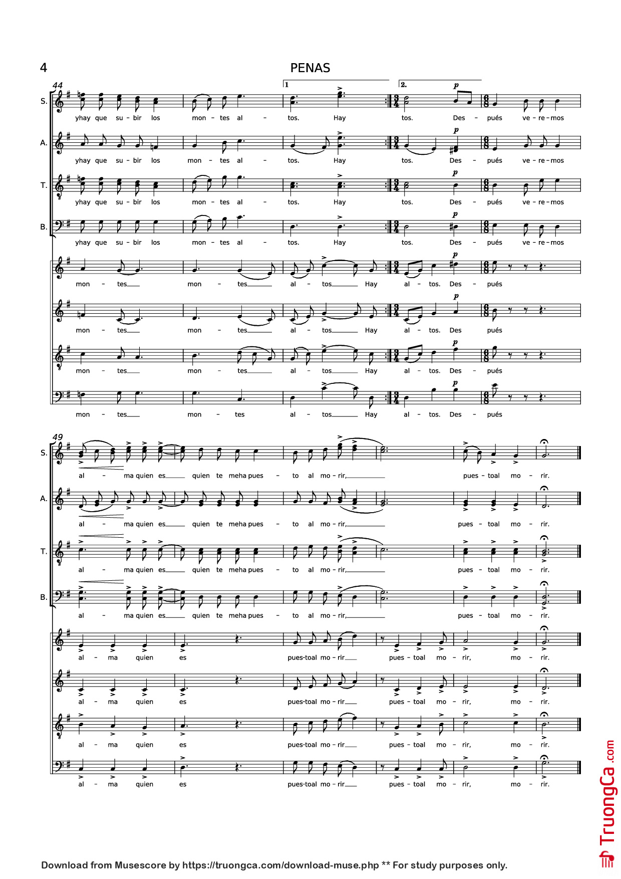 Page 4 of the piano sheet music PDF Piano – PENAS Piano by Música: Beatríz Corona