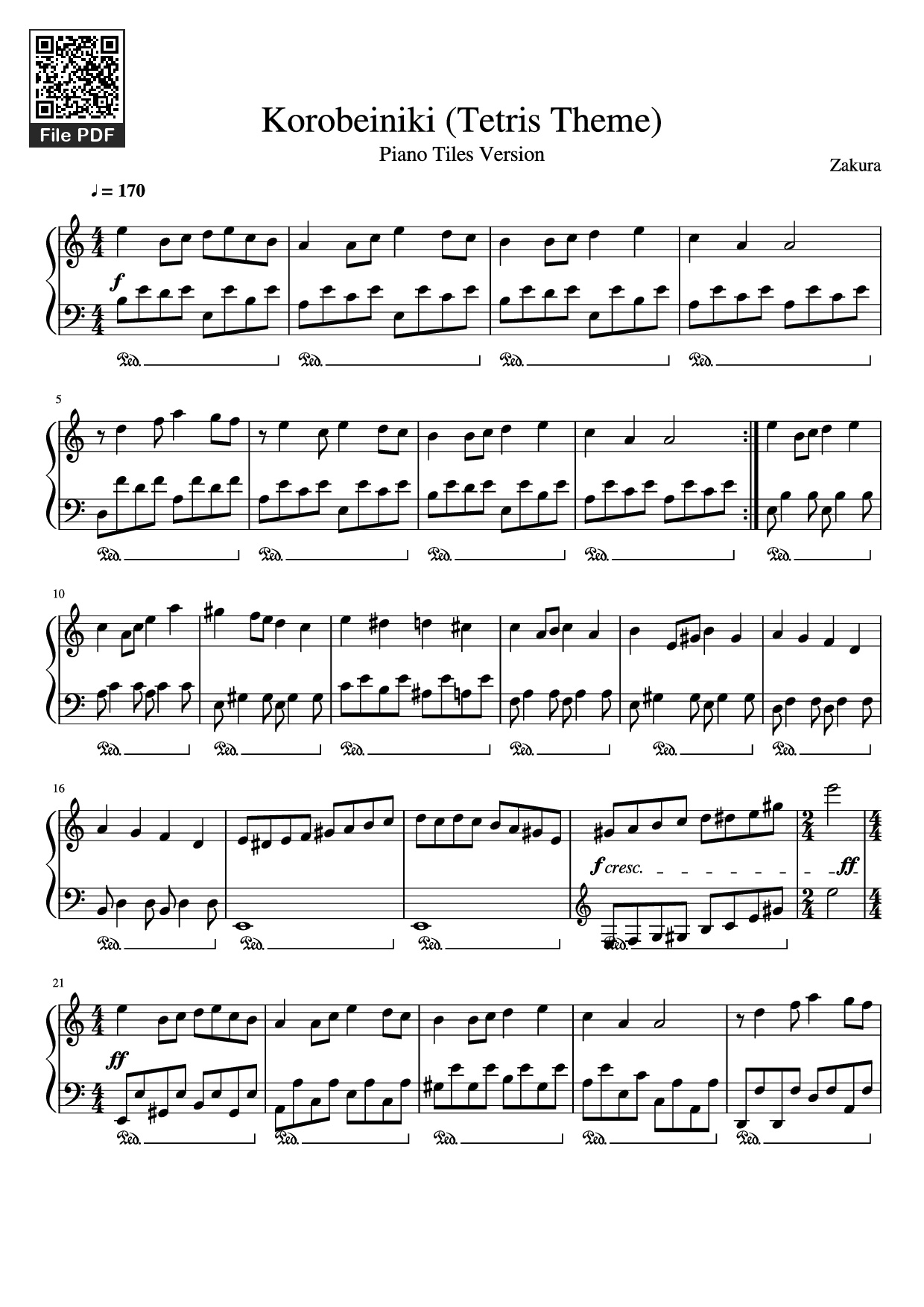 Page 1 of the piano sheet music PDF Piano – Korobeiniki (Tetris Theme) Piano by Zakura
