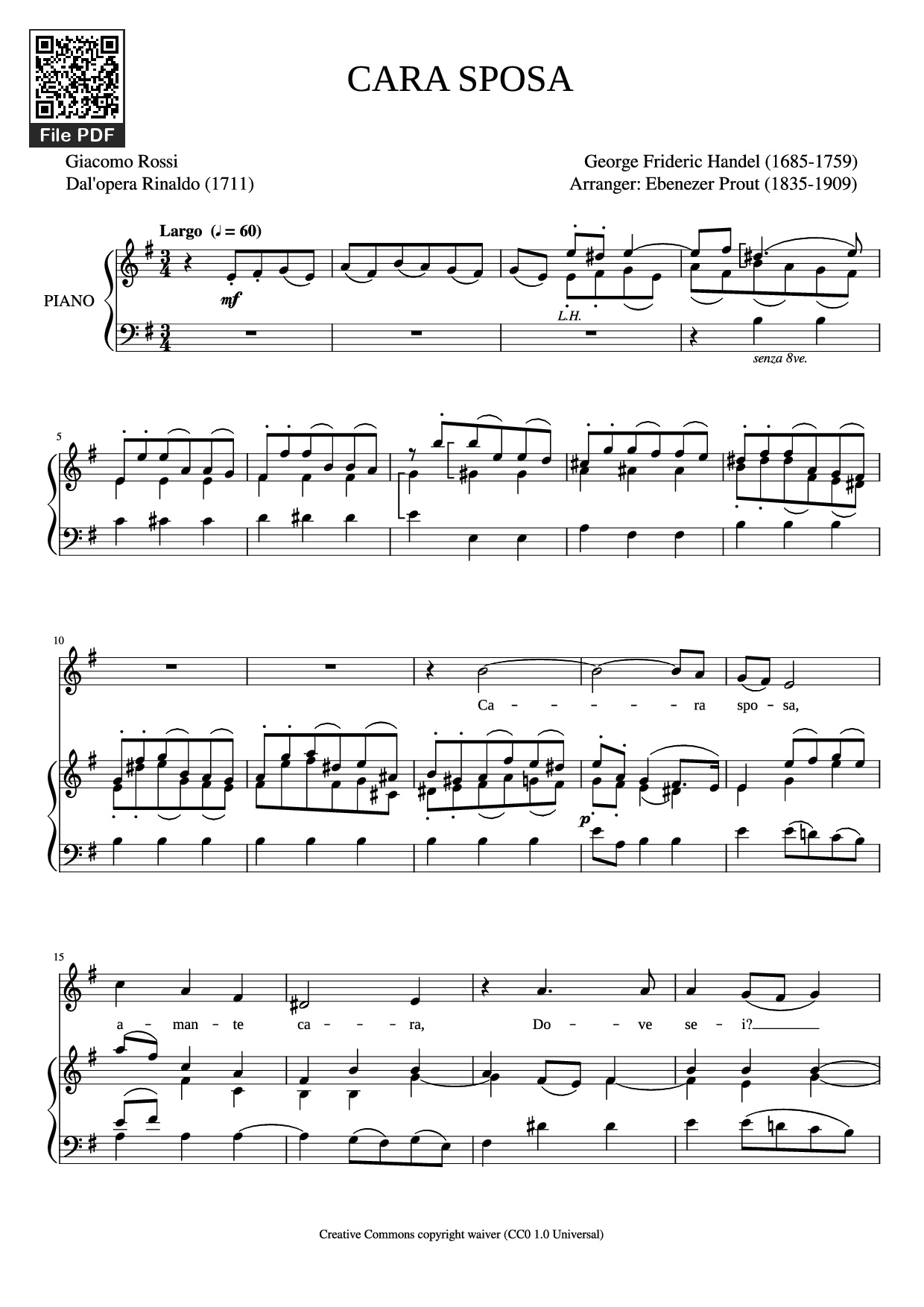 Page 1 of the piano sheet music PDF Piano – CARA SPOSA Piano by George Frideric Handel 