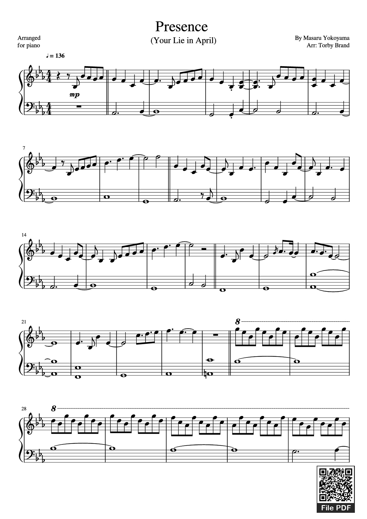 Page 1 of the piano sheet music PDF Piano – Presence Piano by Masaru Yokoyama