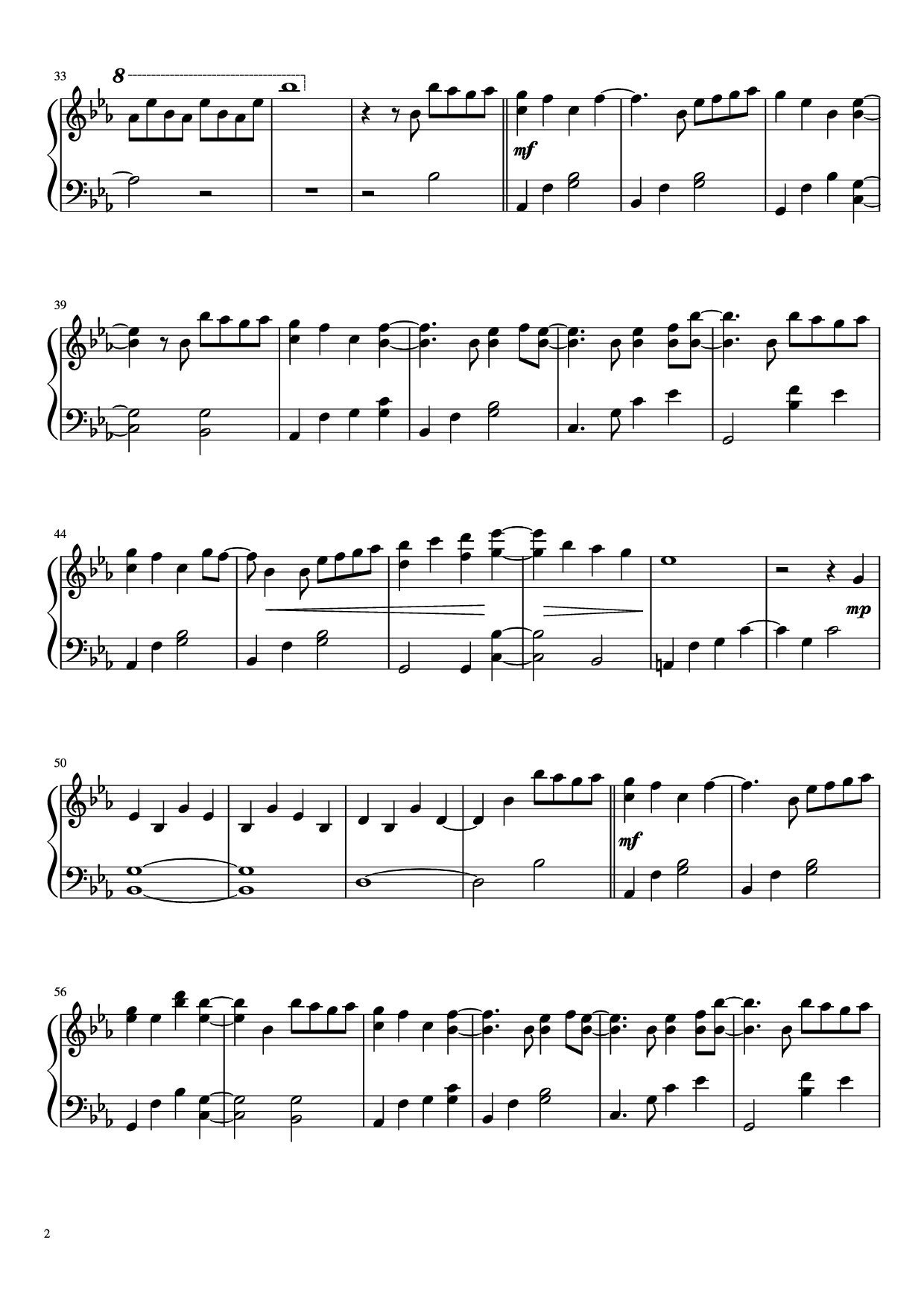 Page 2 of the piano sheet music PDF Piano – Presence Piano by Masaru Yokoyama