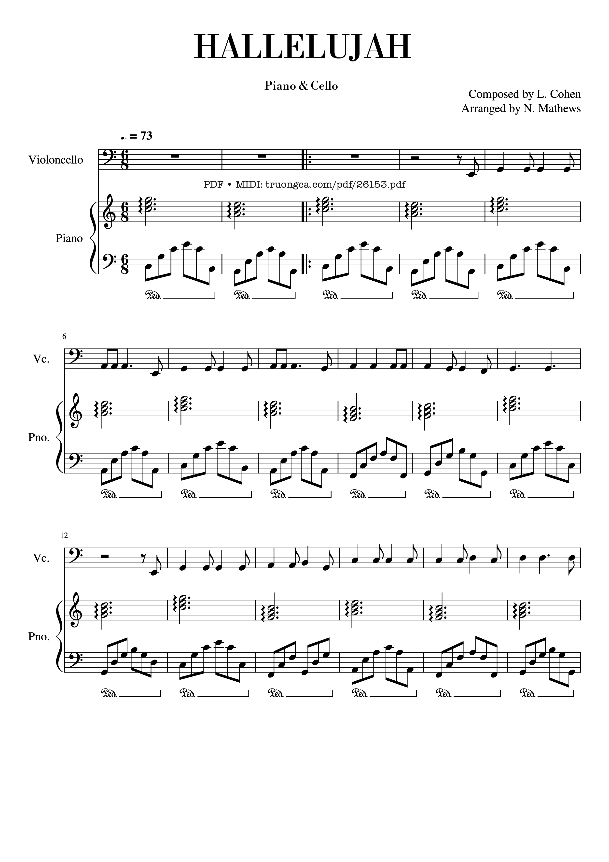 Page 1 of the piano sheet music PDF Piano – Hallelujah for Piano & Cello by Composed by L. Cohen