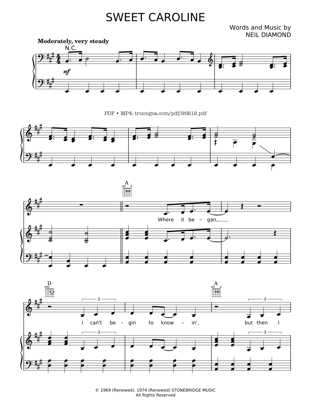 Page 1 of the piano sheet music PDF Piano – Sweet caroline Piano-Vocal by Neil Diamond