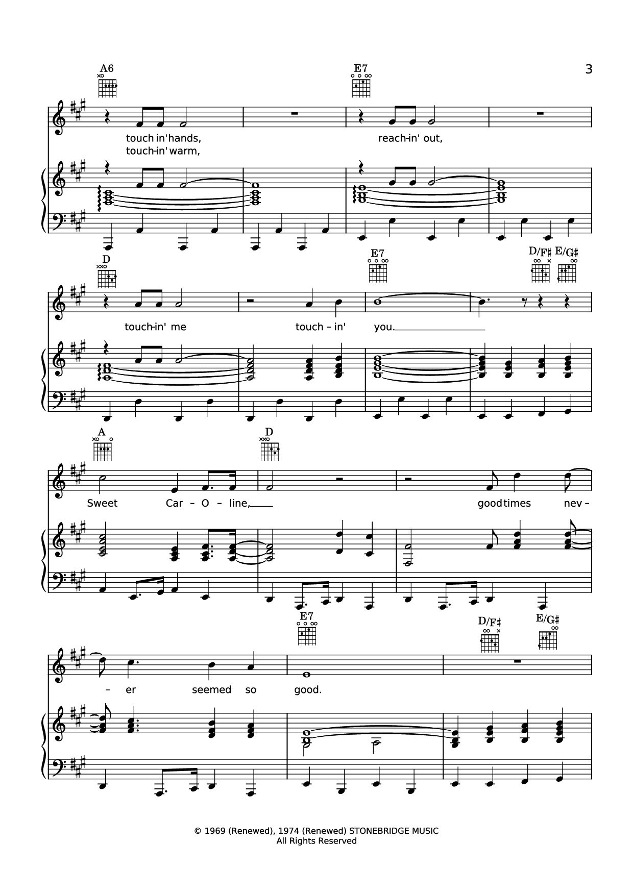 Page 3 of the piano sheet music PDF Piano – Sweet caroline Piano-Vocal by Neil Diamond