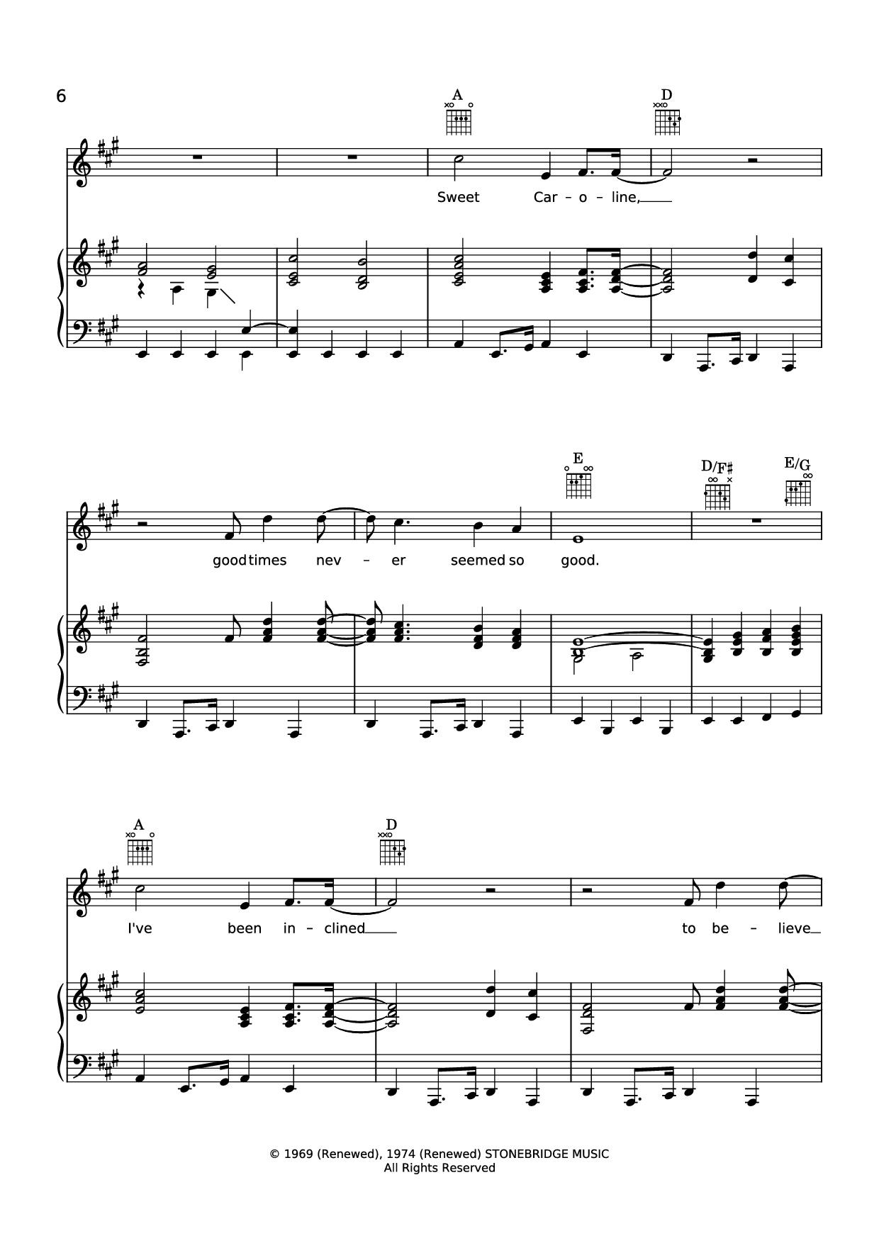 Page 6 of the piano sheet music PDF Piano – Sweet caroline Piano-Vocal by Neil Diamond