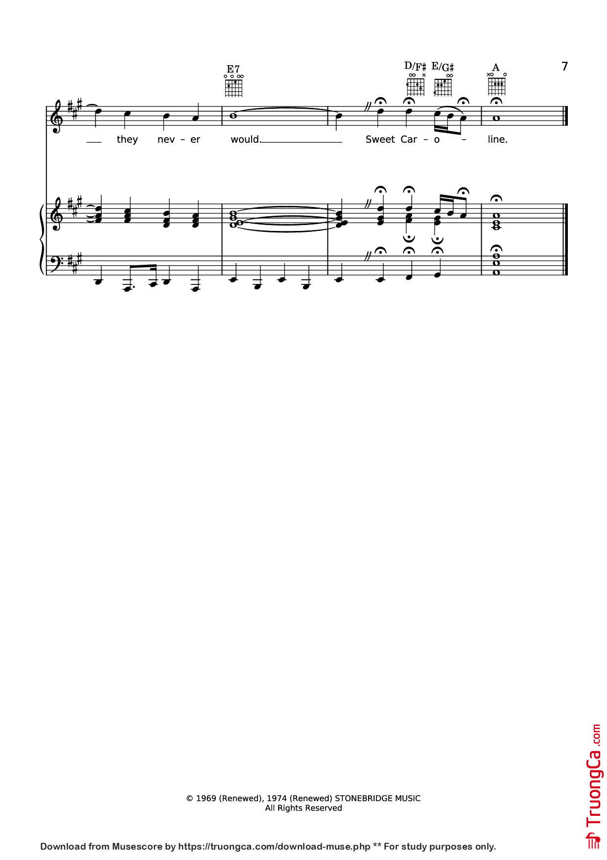 Page 7 of the piano sheet music PDF Piano – Sweet caroline Piano-Vocal by Neil Diamond