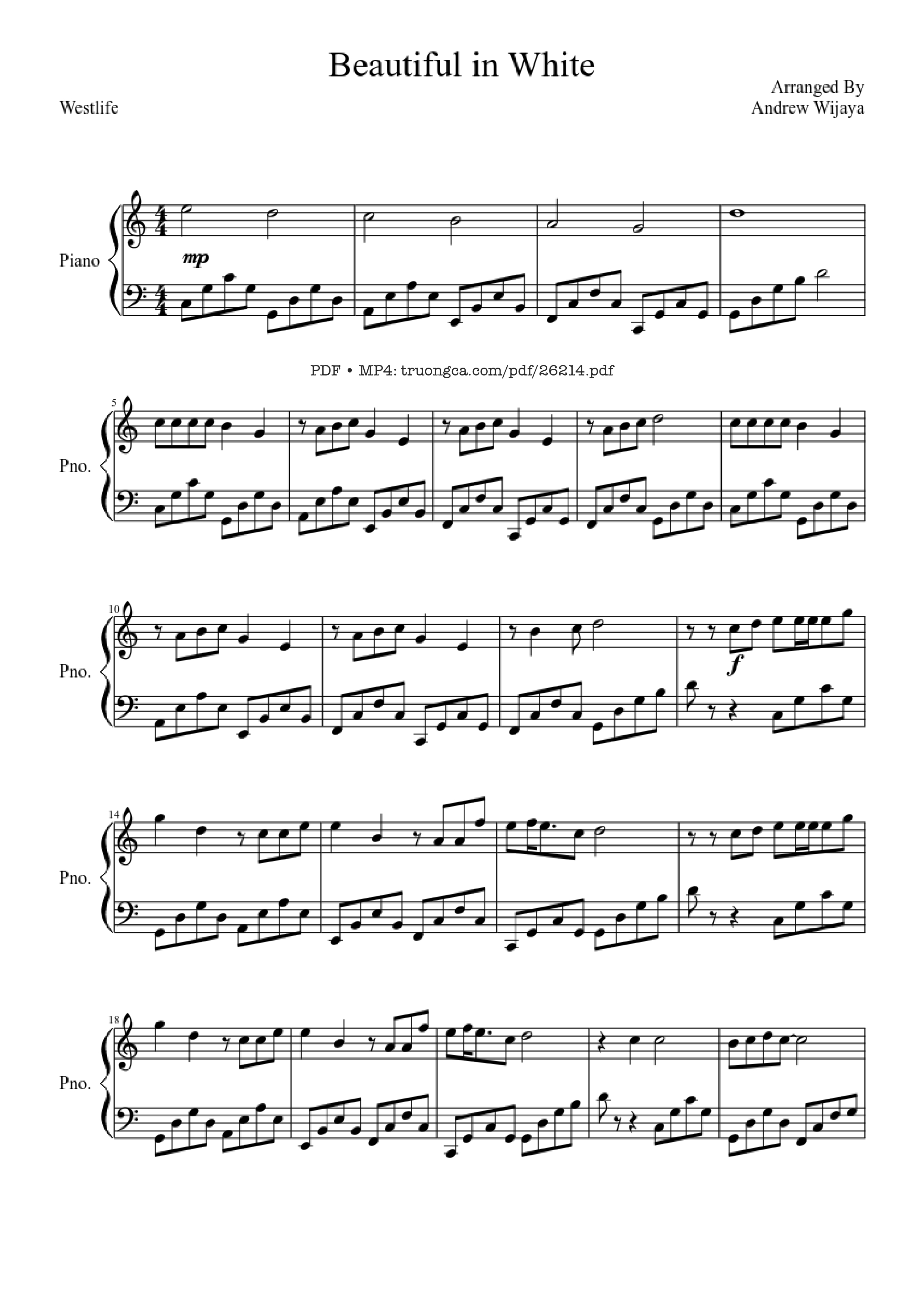 Page 1 of the piano sheet music PDF Piano – Beautiful in White Piano by Westlife
