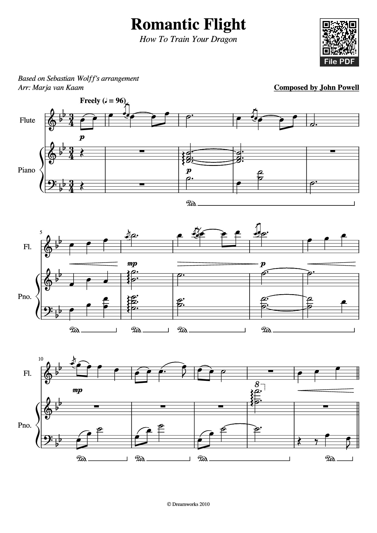 Page 1 of the piano sheet music PDF Piano – Romantic Flight Piano by Composed by John Powell