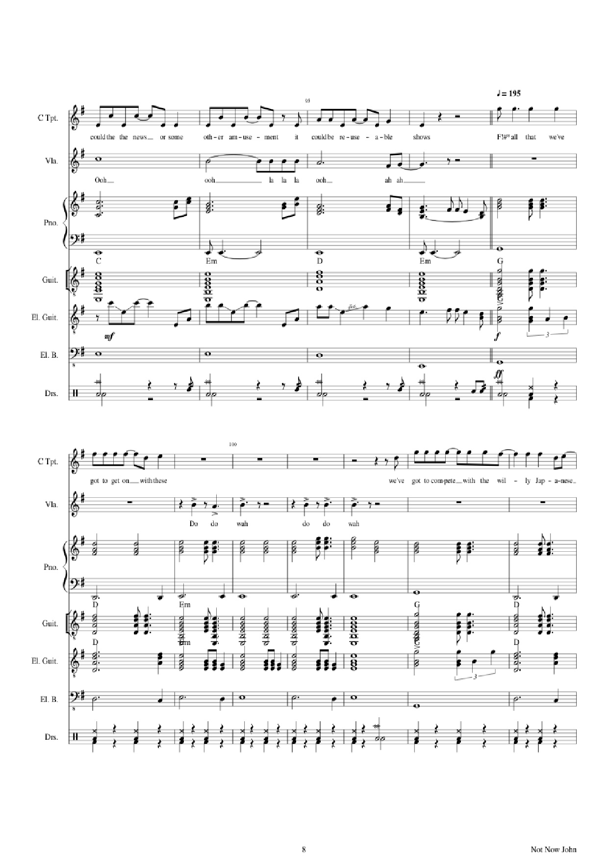 Page 8 of the piano sheet music PDF Piano Guitar Tab – Not Now John Piano by Roger Waters