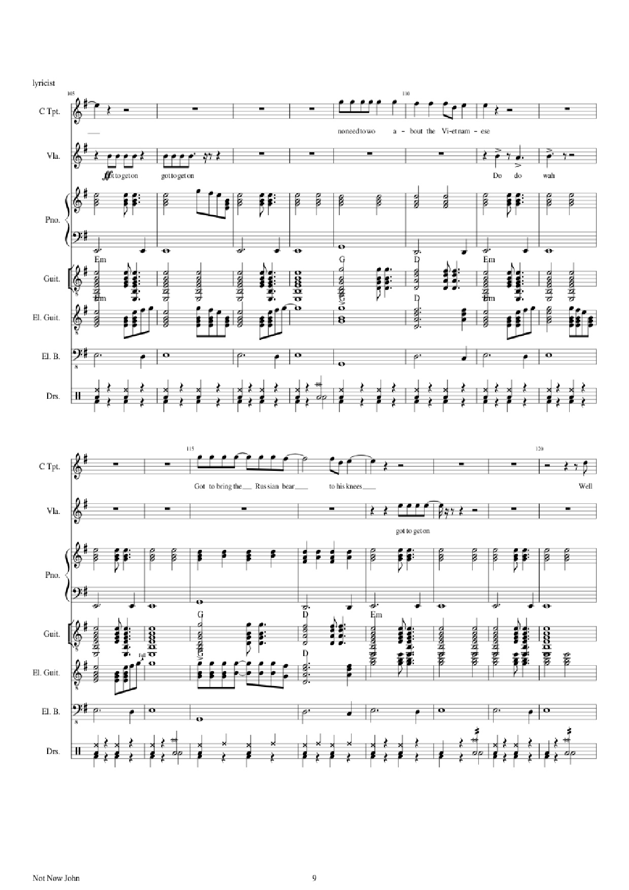 Page 9 of the piano sheet music PDF Piano Guitar Tab – Not Now John Piano by Roger Waters