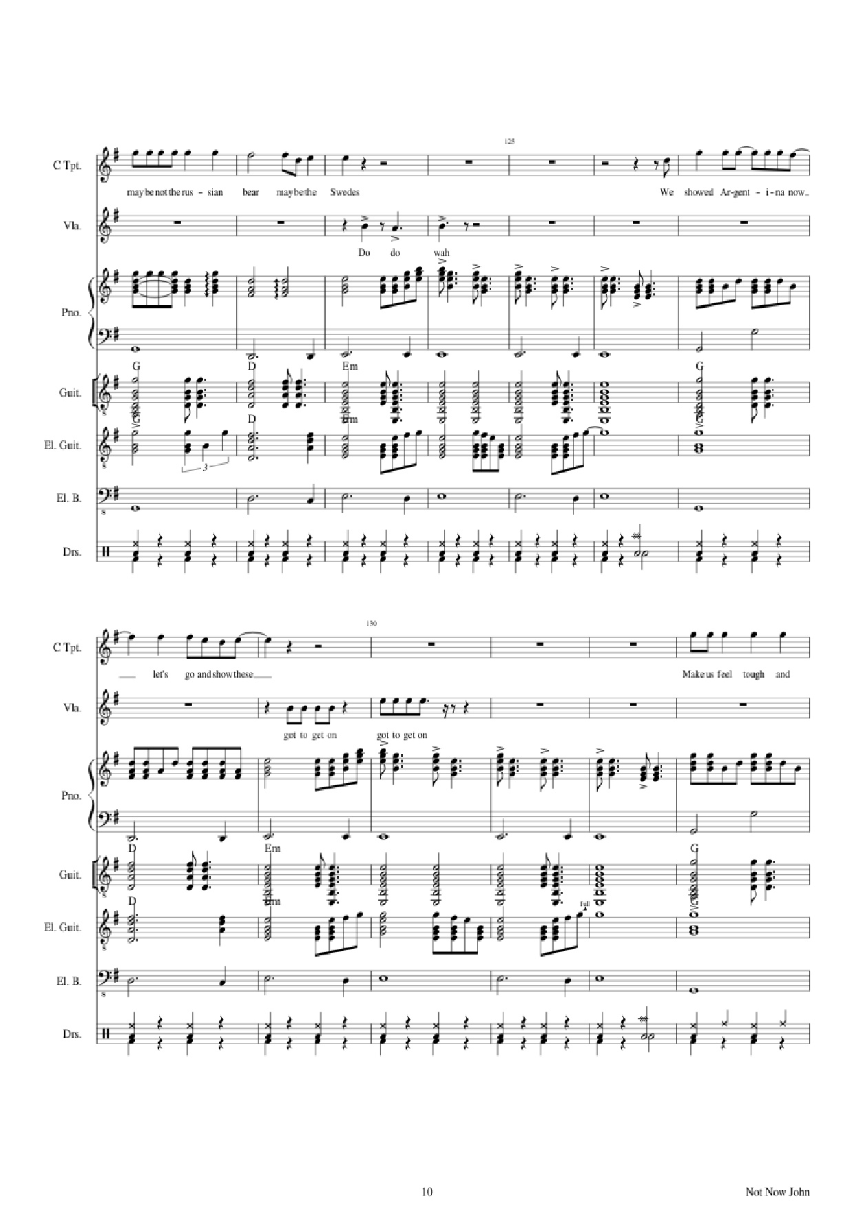 Page 10 of the piano sheet music PDF Piano Guitar Tab – Not Now John Piano by Roger Waters