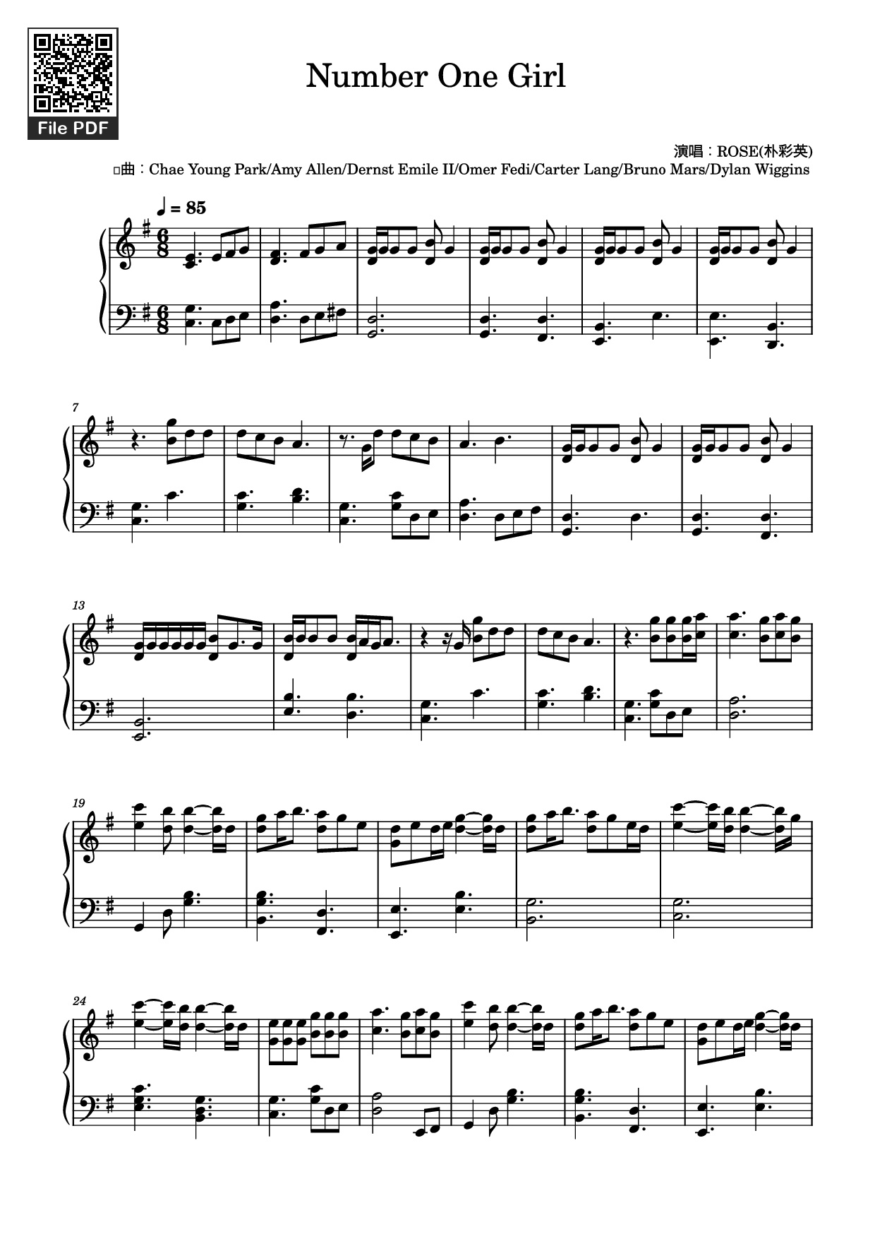 Page 1 of the piano sheet music PDF Piano – Number One Girl Piano by ROSE