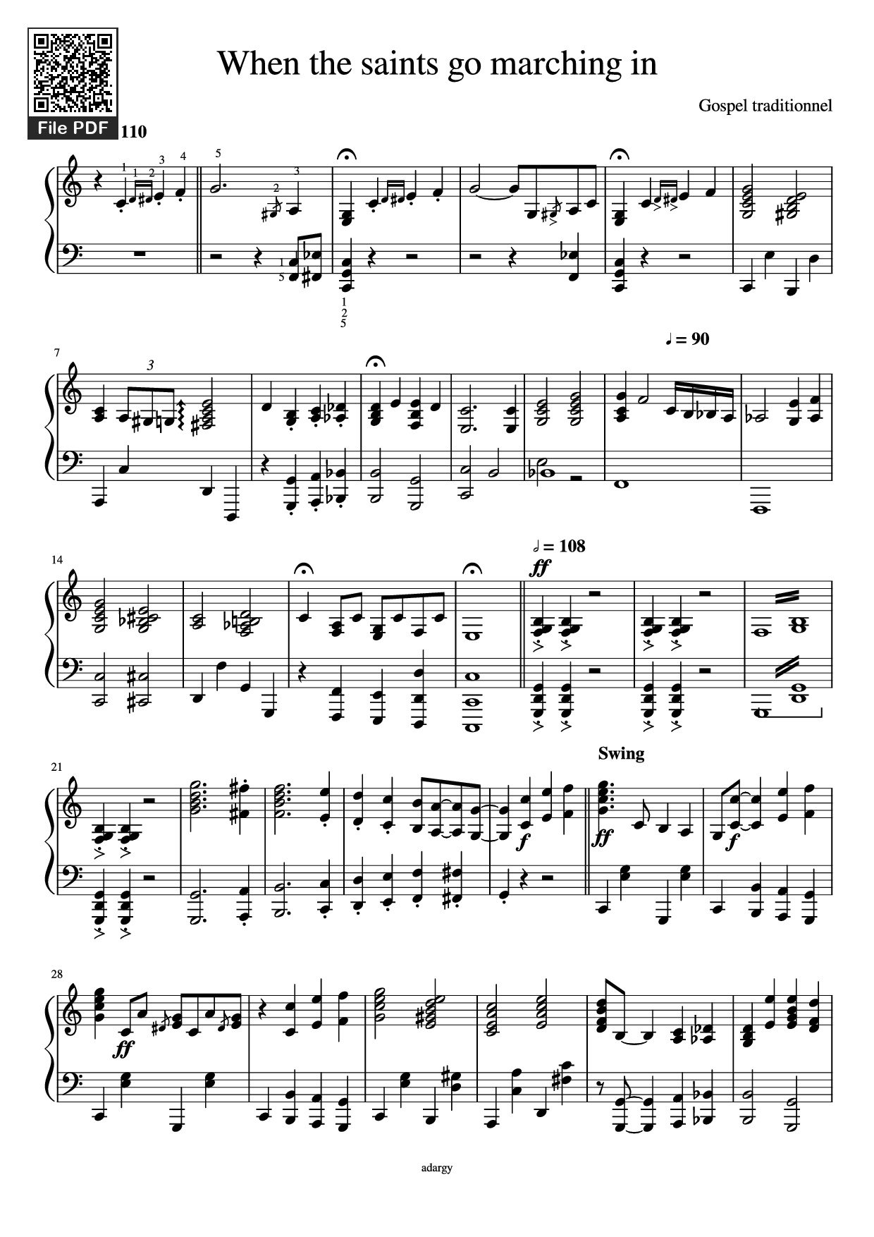 Page 1 of the piano sheet music PDF Piano – When the saints go marching in Piano by Gospel traditionnel