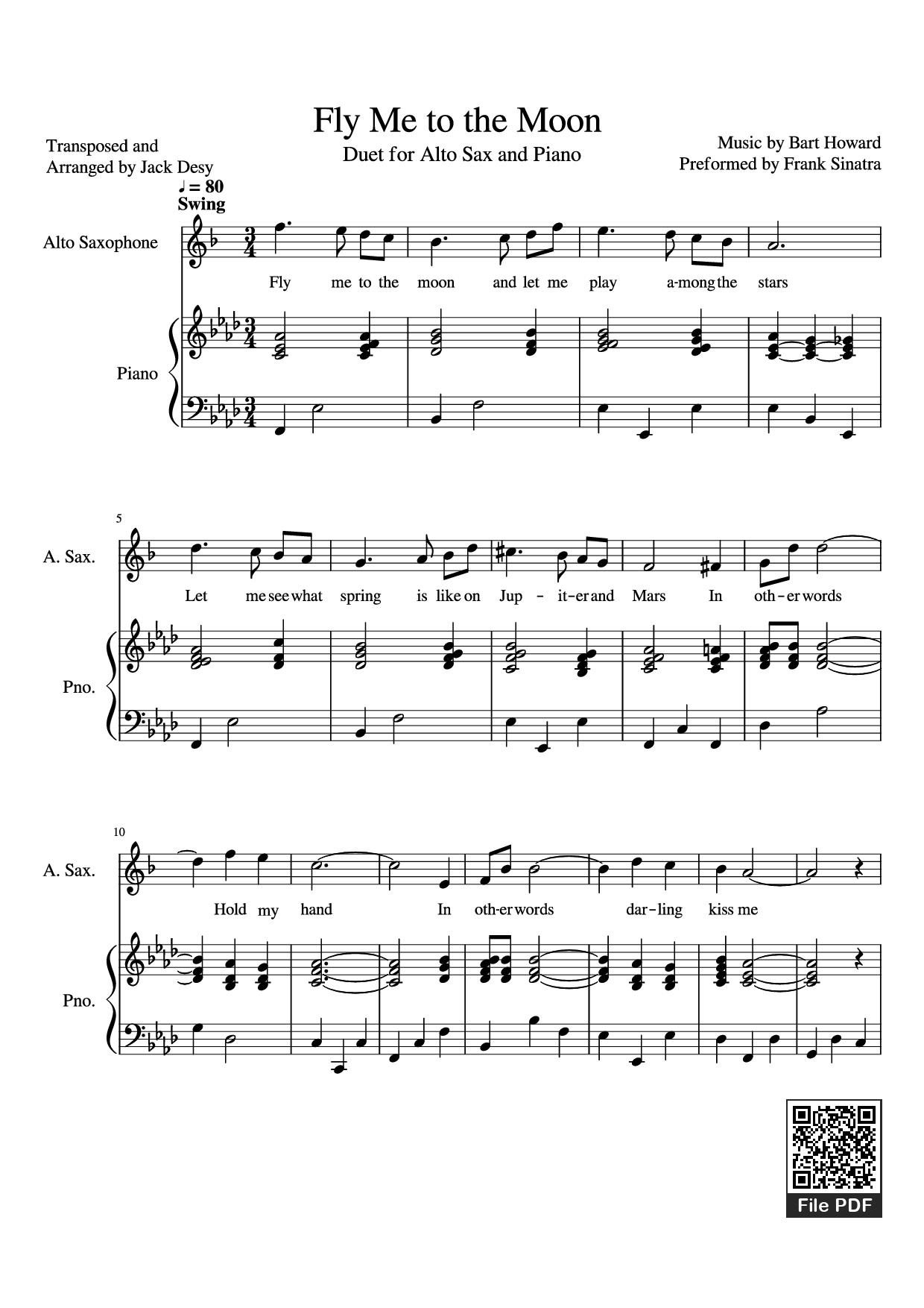 Page 1 of the piano sheet music PDF Piano – Fly Me to the Moon Piano by Music by Bart Howard Preformed by Frank Sinatra