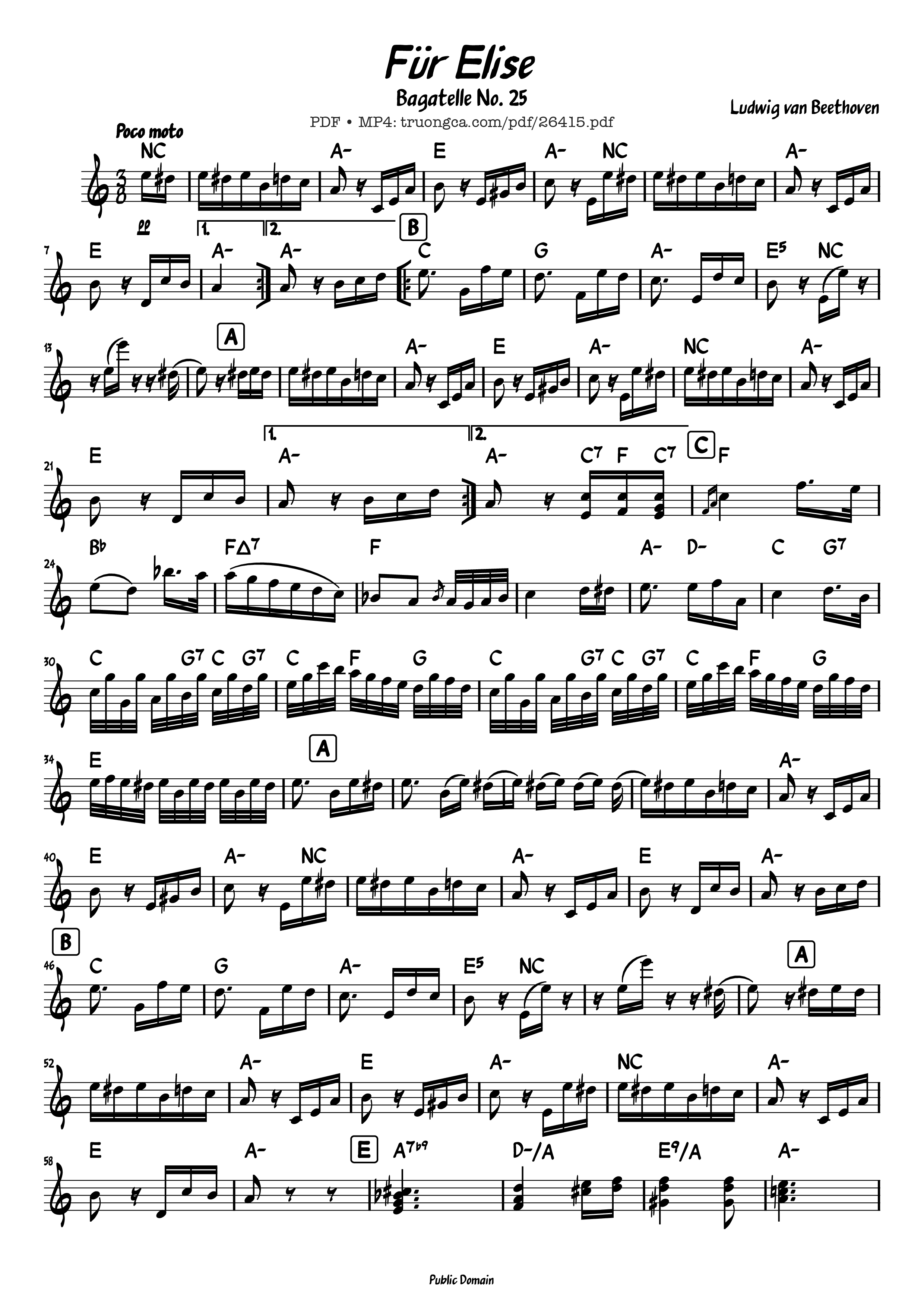 Page 1 of the piano sheet music PDF Piano – Für Elise (Lead sheet) by Ludwig van Beethoven