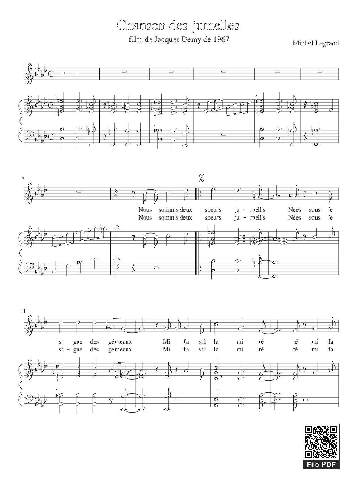 Page 1 of the piano sheet music PDF Piano – Chanson des jumelles Piano by Michel Legrand