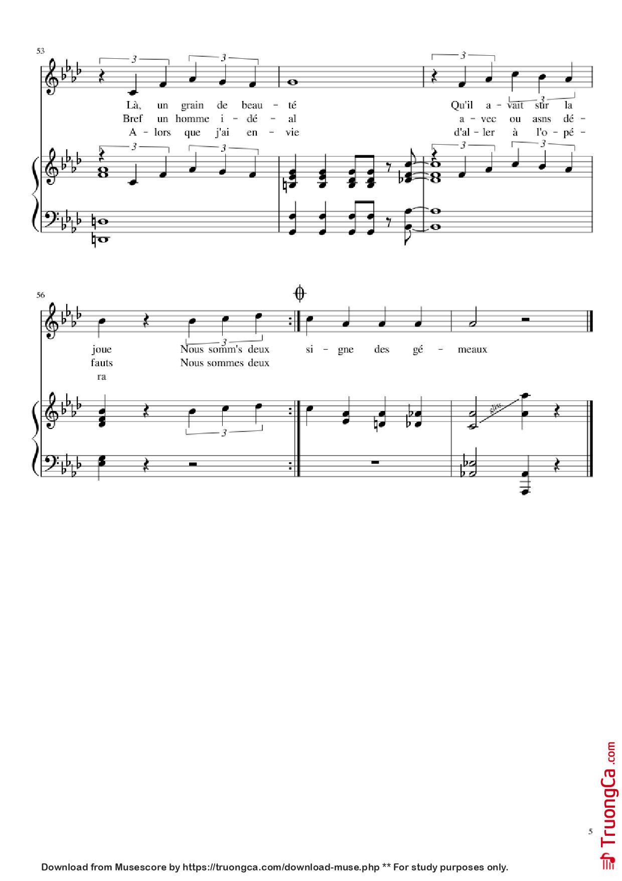 Page 5 of the piano sheet music PDF Piano – Chanson des jumelles Piano by Michel Legrand