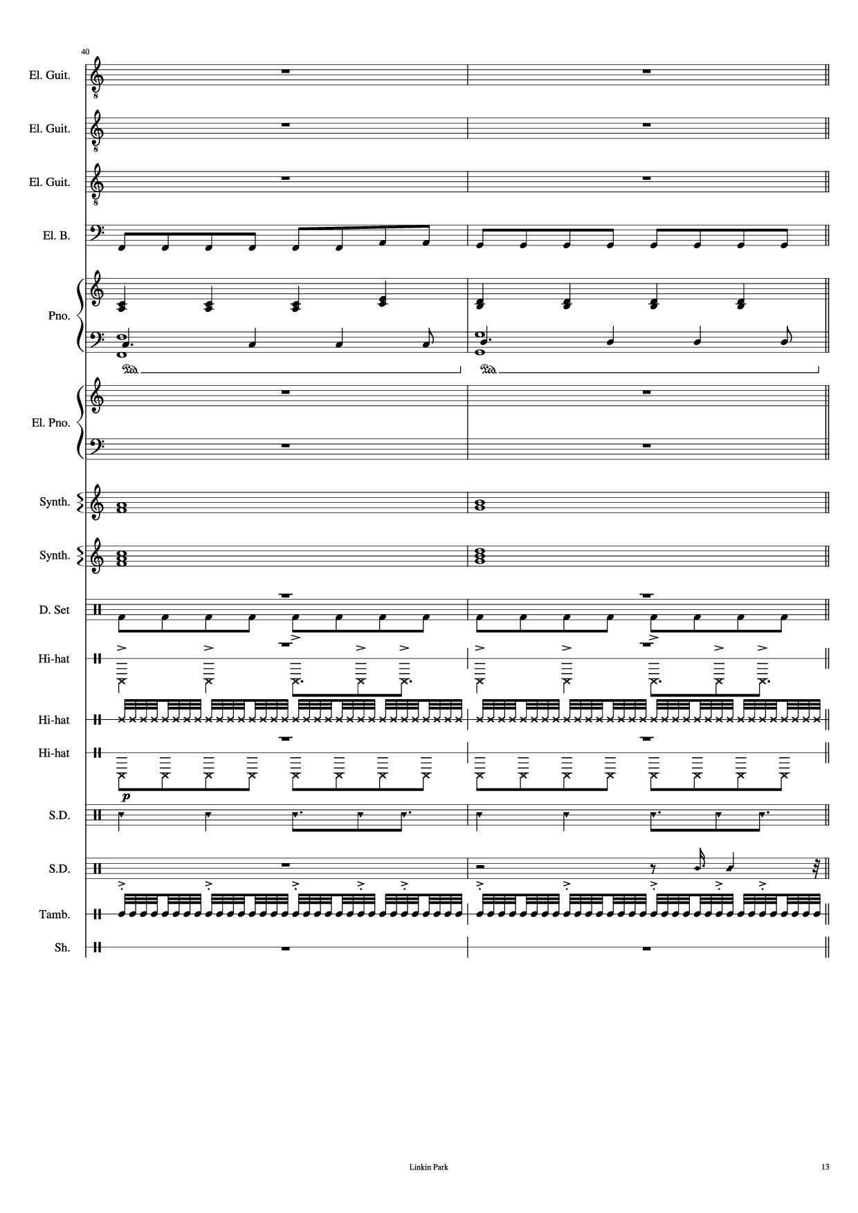 Page 13 of the piano sheet music PDF Piano Guitar Tab – Iridescent Piano by Linkin Park