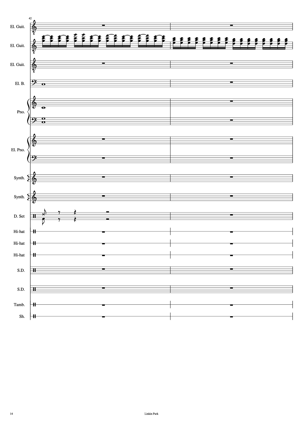 Page 14 of the piano sheet music PDF Piano Guitar Tab – Iridescent Piano by Linkin Park