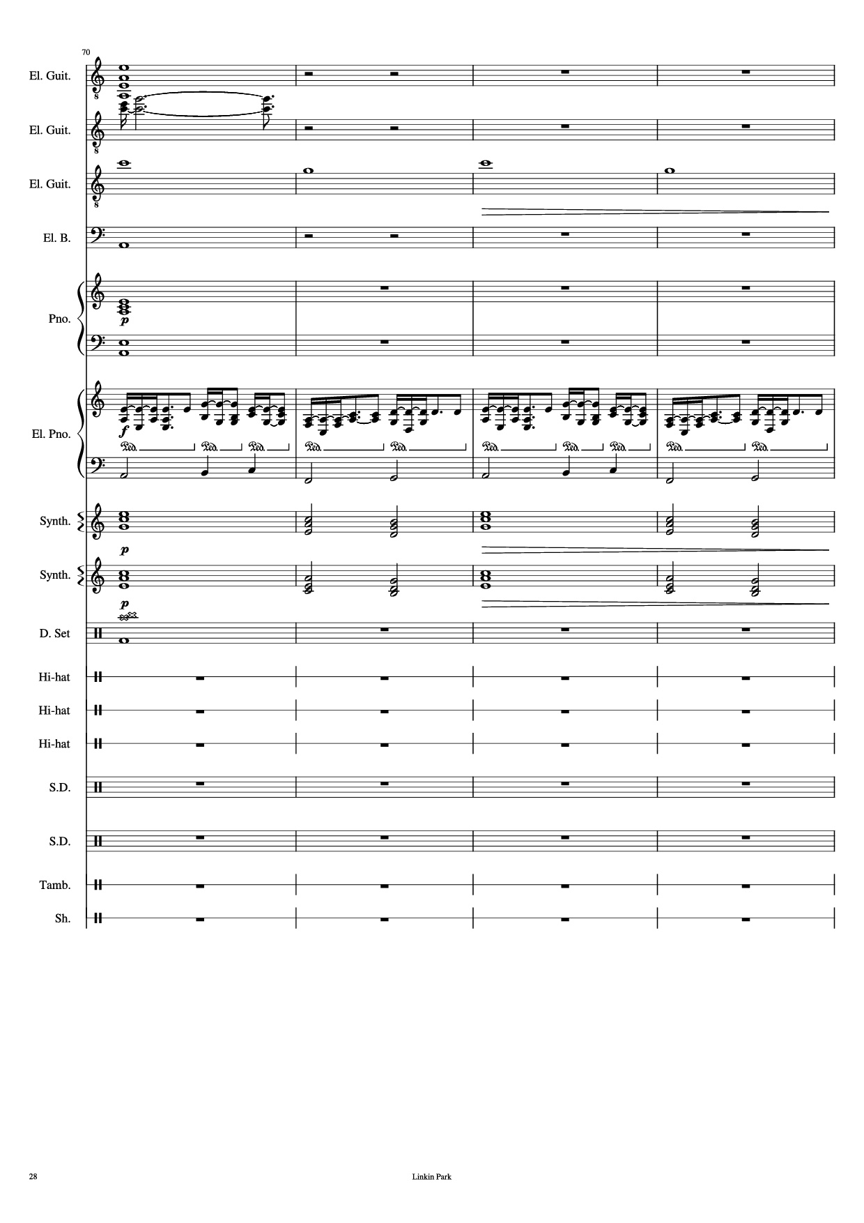 Page 28 of the piano sheet music PDF Piano Guitar Tab – Iridescent Piano by Linkin Park