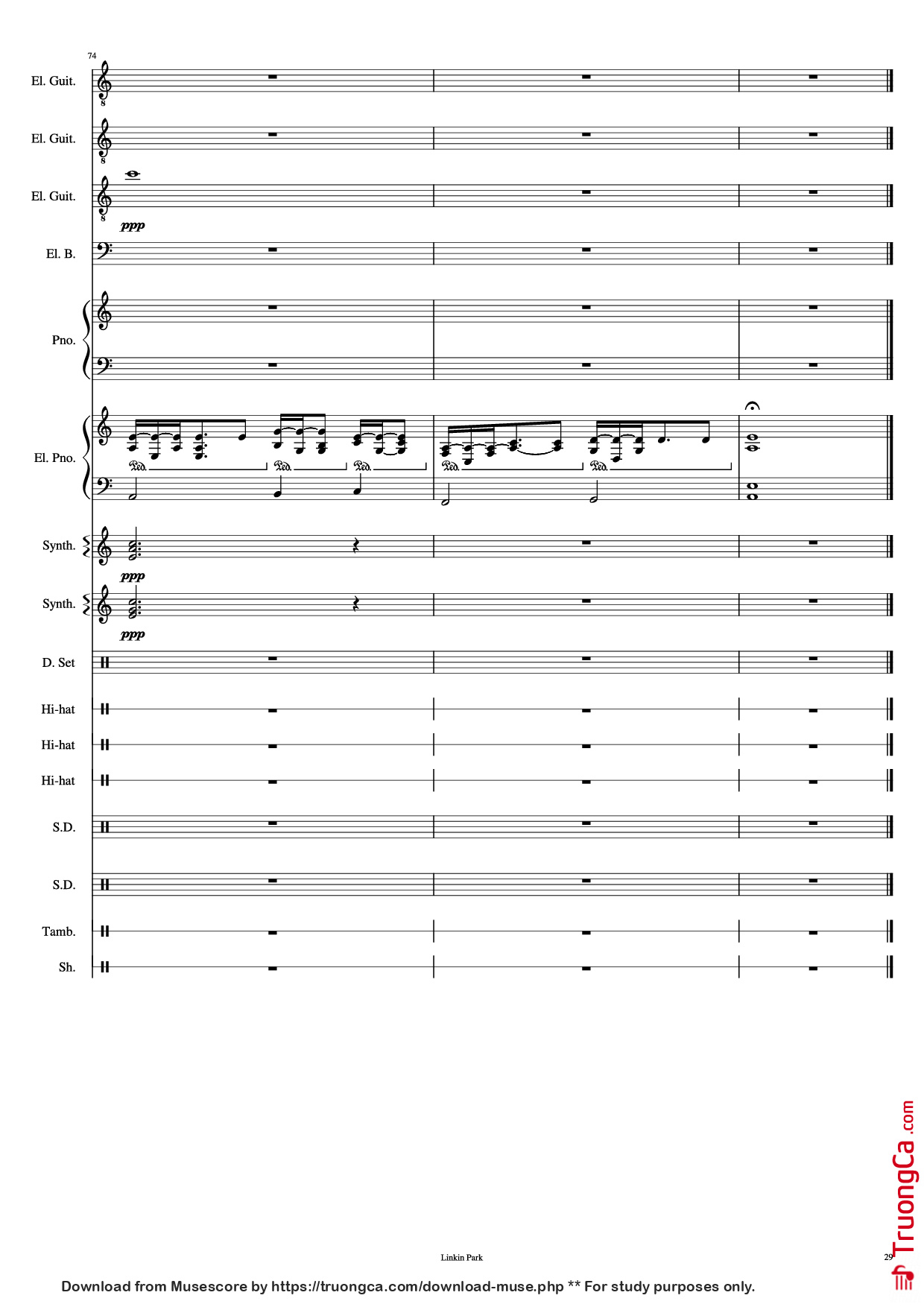 Page 29 of the piano sheet music PDF Piano Guitar Tab – Iridescent Piano by Linkin Park