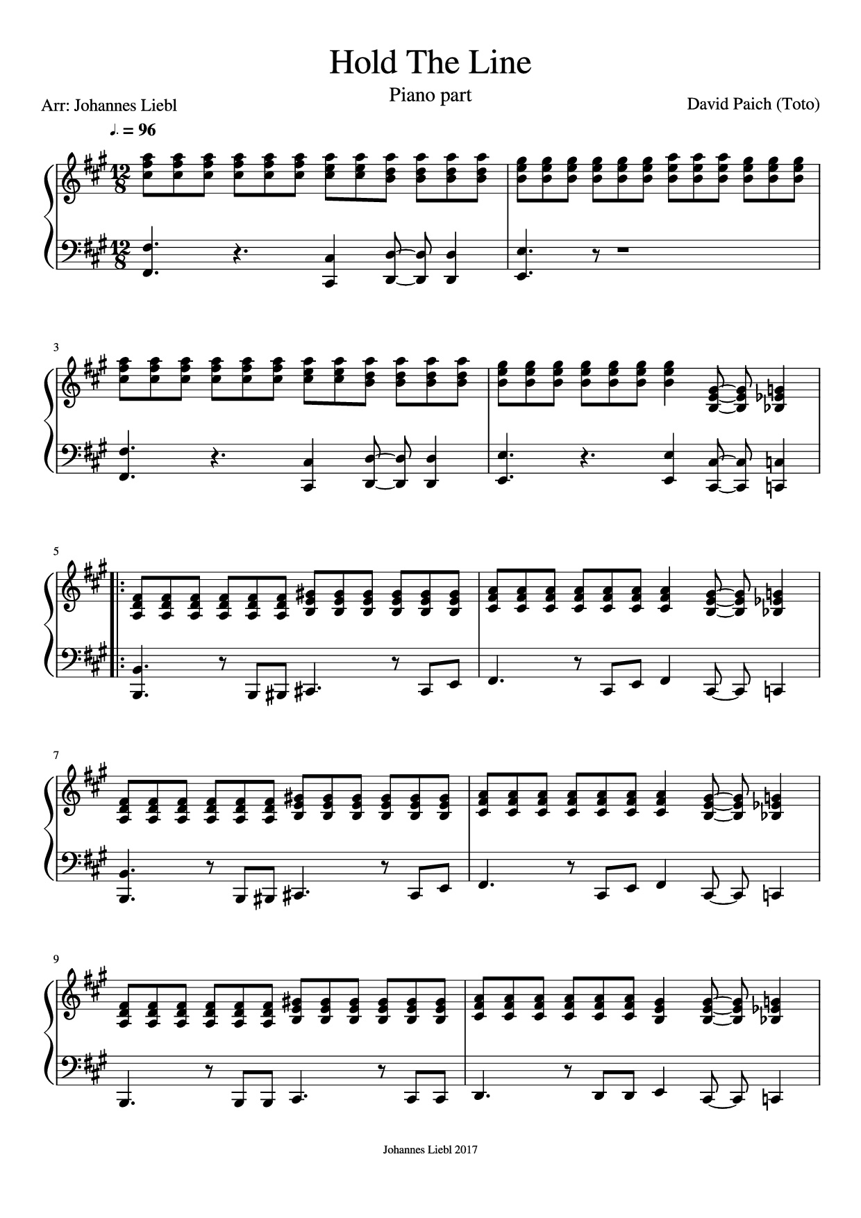 Page 1 of the piano sheet music PDF Piano – Hold The Line Piano by David Paich (Toto