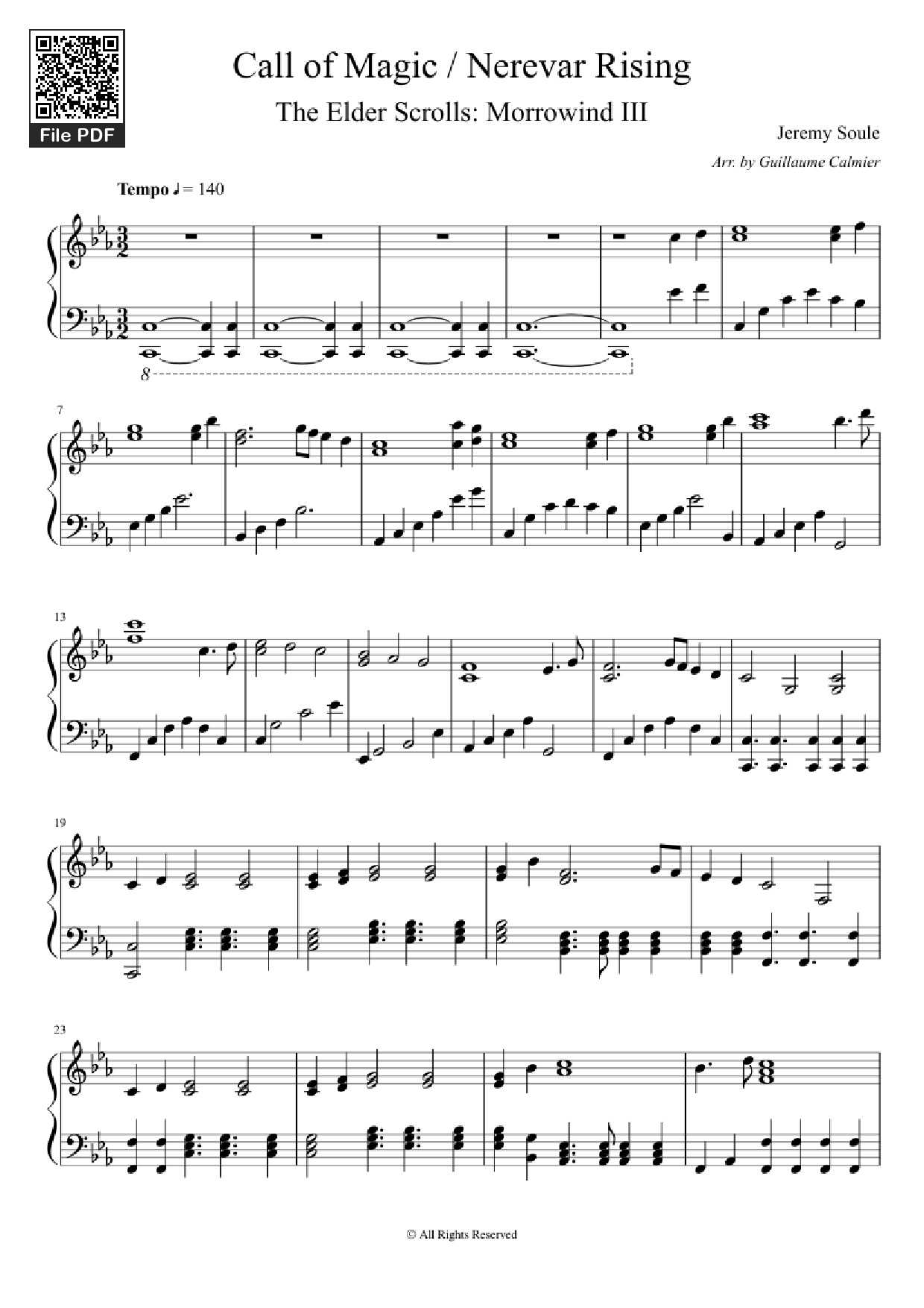 Page 1 of the piano sheet music PDF Piano – Call of Magic / Nerevar Rising Piano by Jeremy Soule