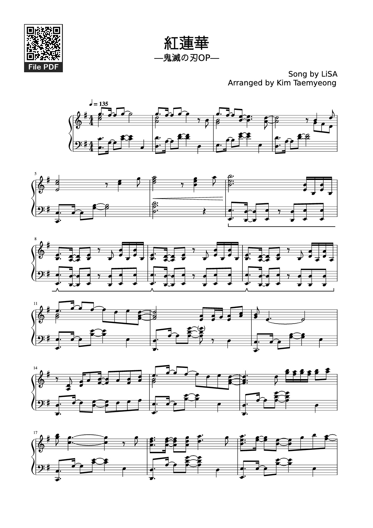 Page 1 of the piano sheet music PDF Piano – 紅蓮華 Piano by Song by LiSA