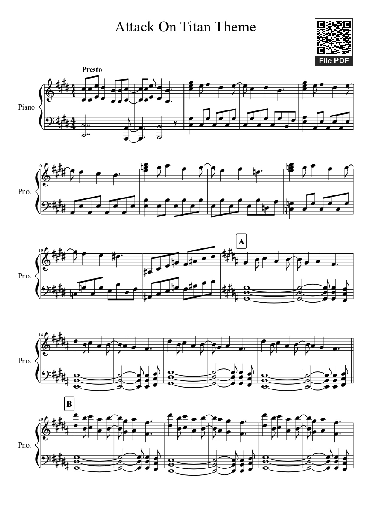 Page 1 of the piano sheet music PDF Piano – Attack On Titan Theme Piano by Undefined