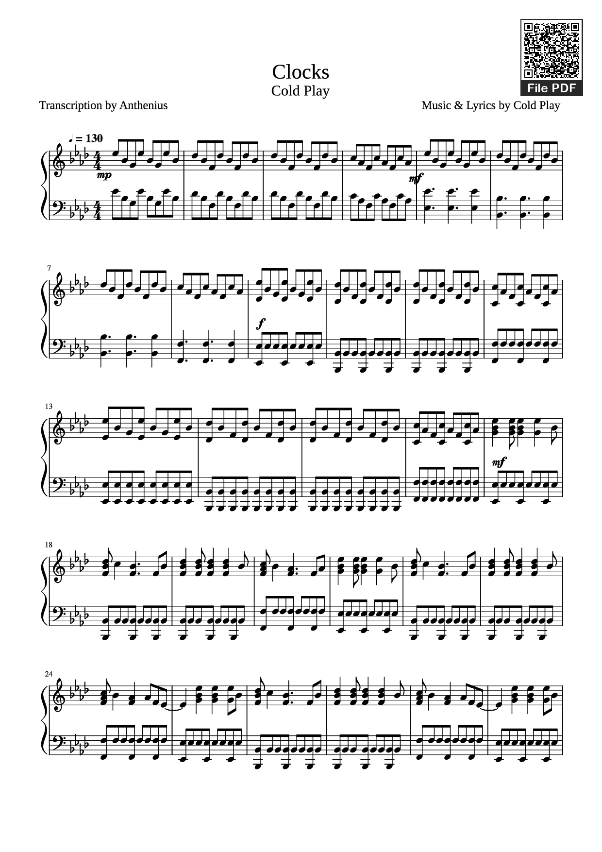 Page 1 of the piano sheet music PDF Piano – Clocks Cold Play Transcription by Anthenius Music & Lyrics by Cold Play Piano by Undefined