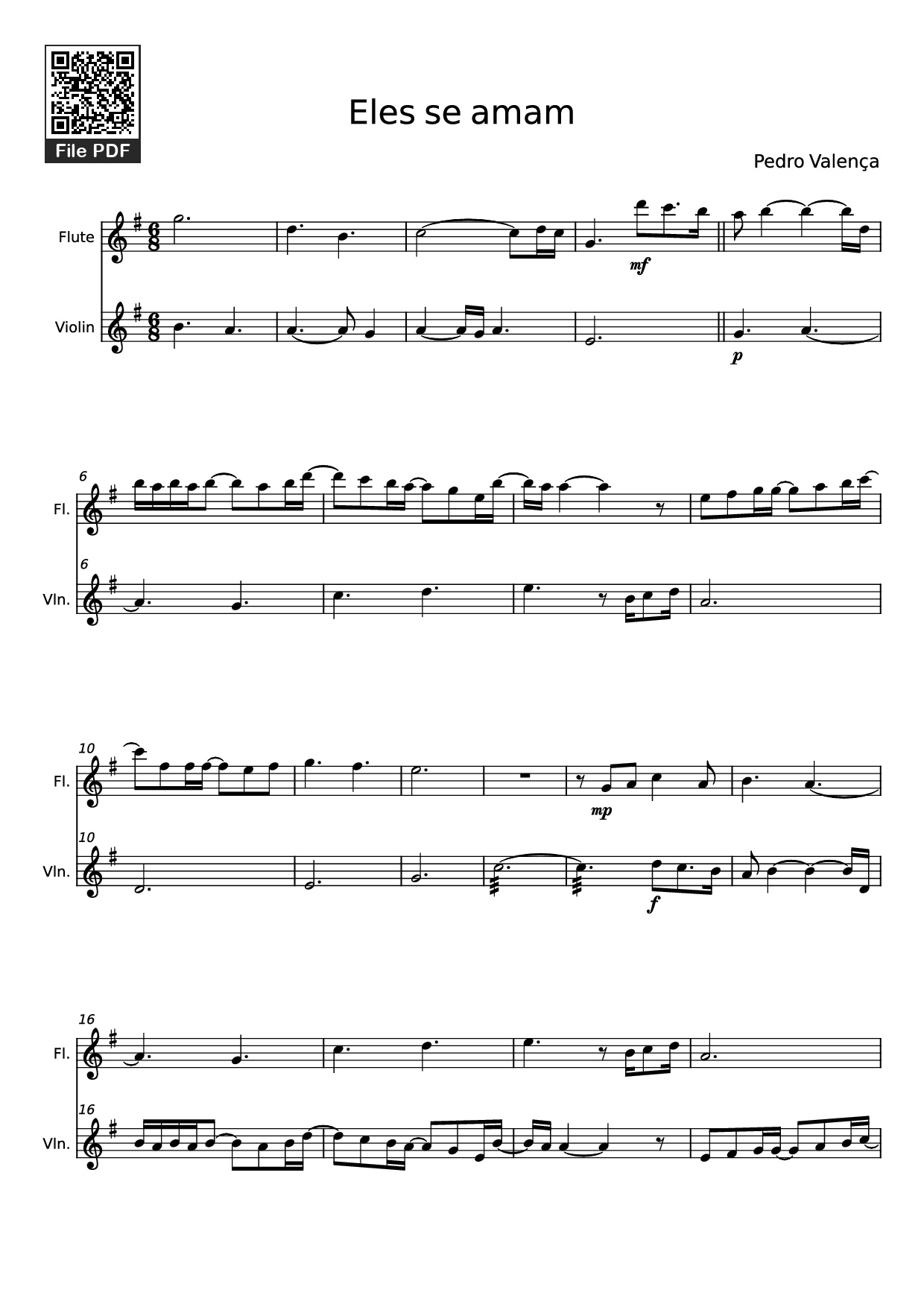 Page 1 of the piano sheet music PDF – Eles se amam Violin by Pedro Valença
