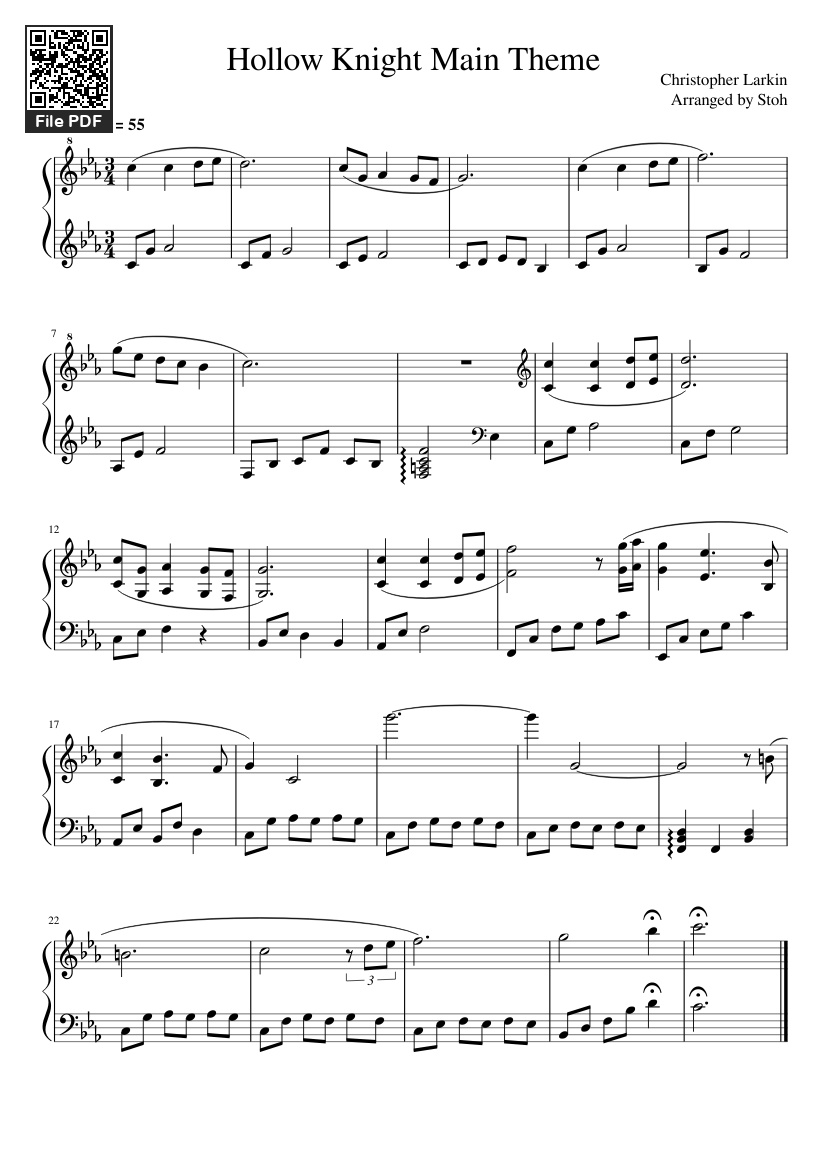 Page 1 of the piano sheet music PDF – Hollow Knight Main Theme Piano by Stoh
