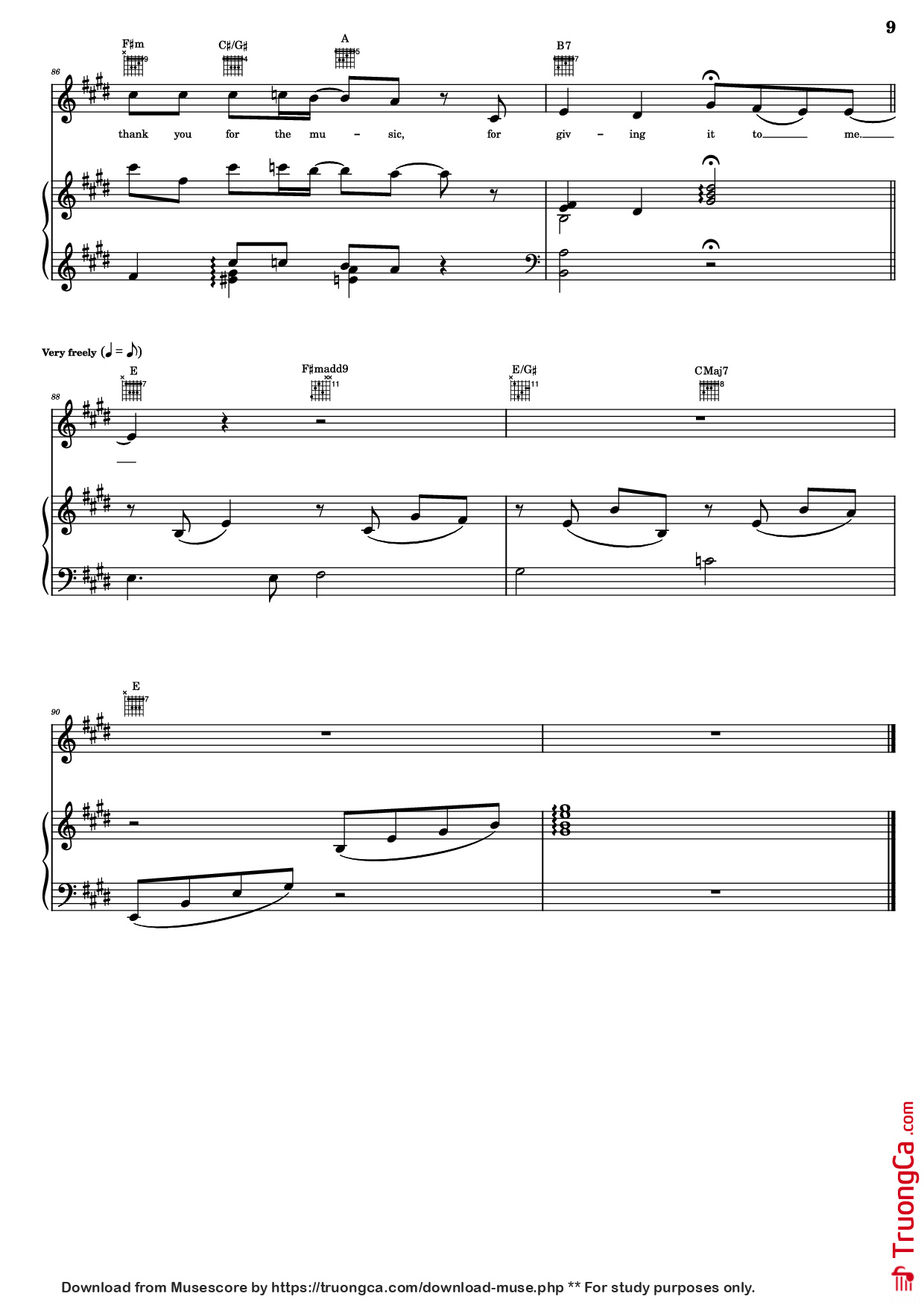 Page 9 of the piano sheet music PDF Piano Guitar Tab – Thank You For The Music Piano by B. Andersson/B. Ulvaeus