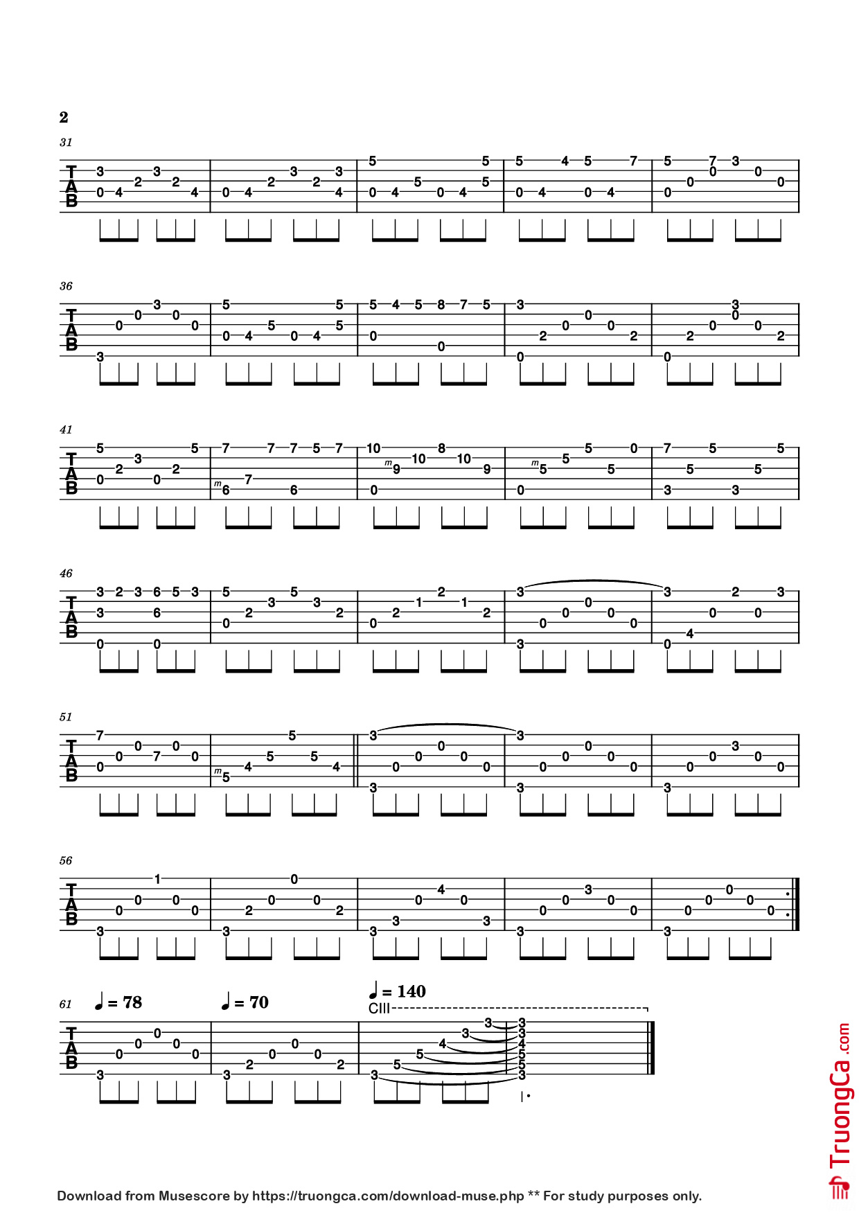 Page 2 of the piano sheet music PDF Guitar Tab – Ave Maria Guitar TAB by Franz Schubert