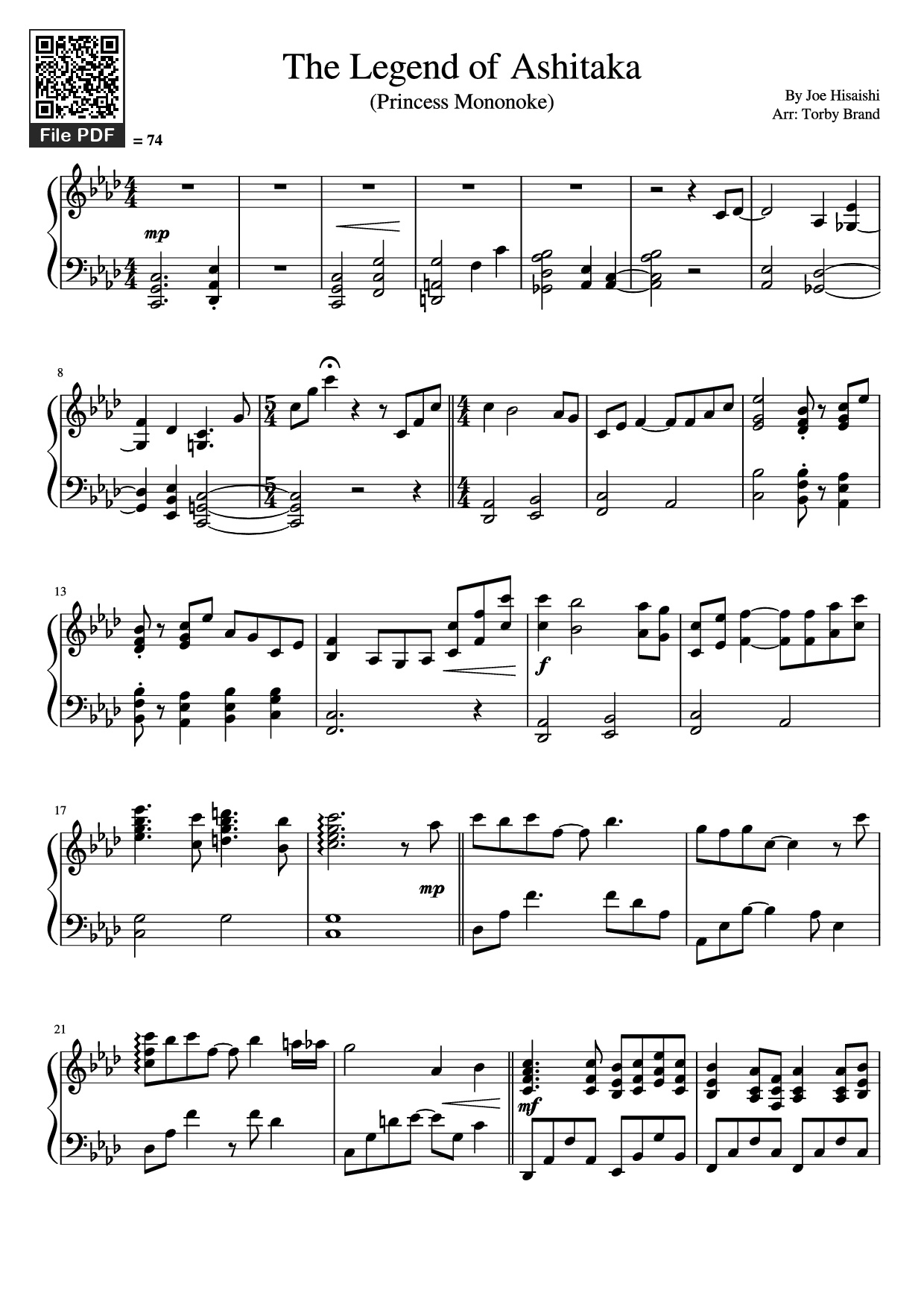 Page 1 of the piano sheet music PDF Piano – The Legend of Ashitaka by Joe Hisaishi
