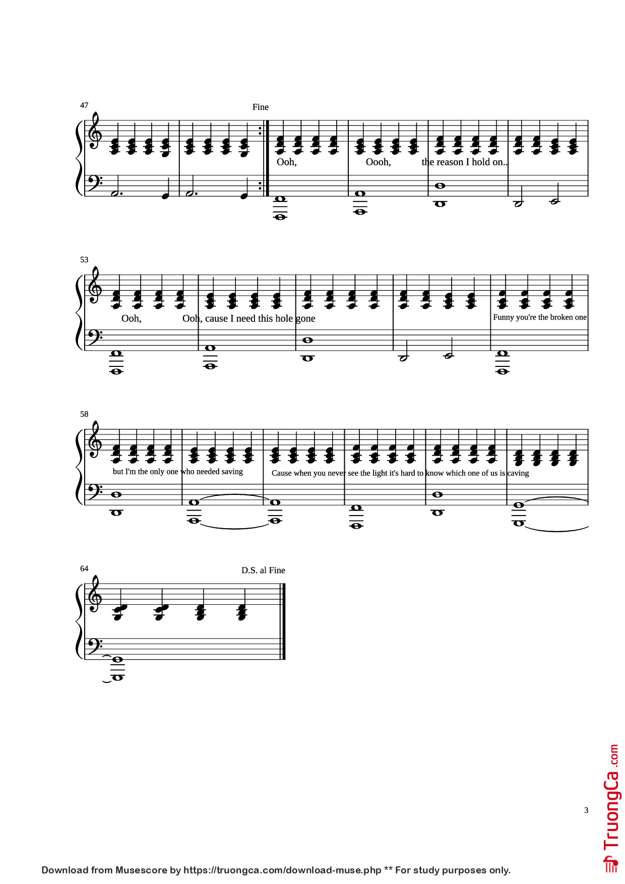 Page 3 of the piano sheet music PDF Piano – Stay Piano by Rihanna Arranged by Madeline Stratford