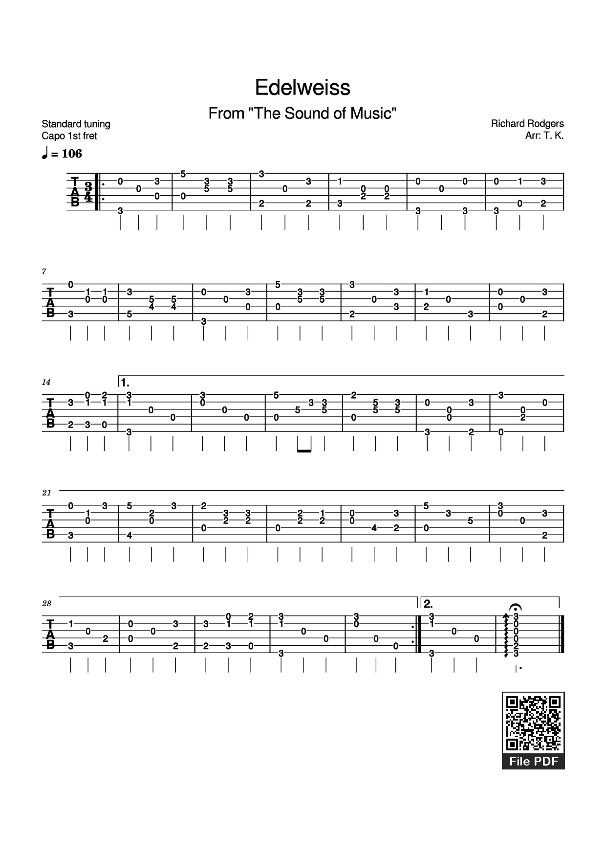 Page 1 of the piano sheet music PDF Guitar Tab – Edelweiss Guitar TAB by Richard Rodgers