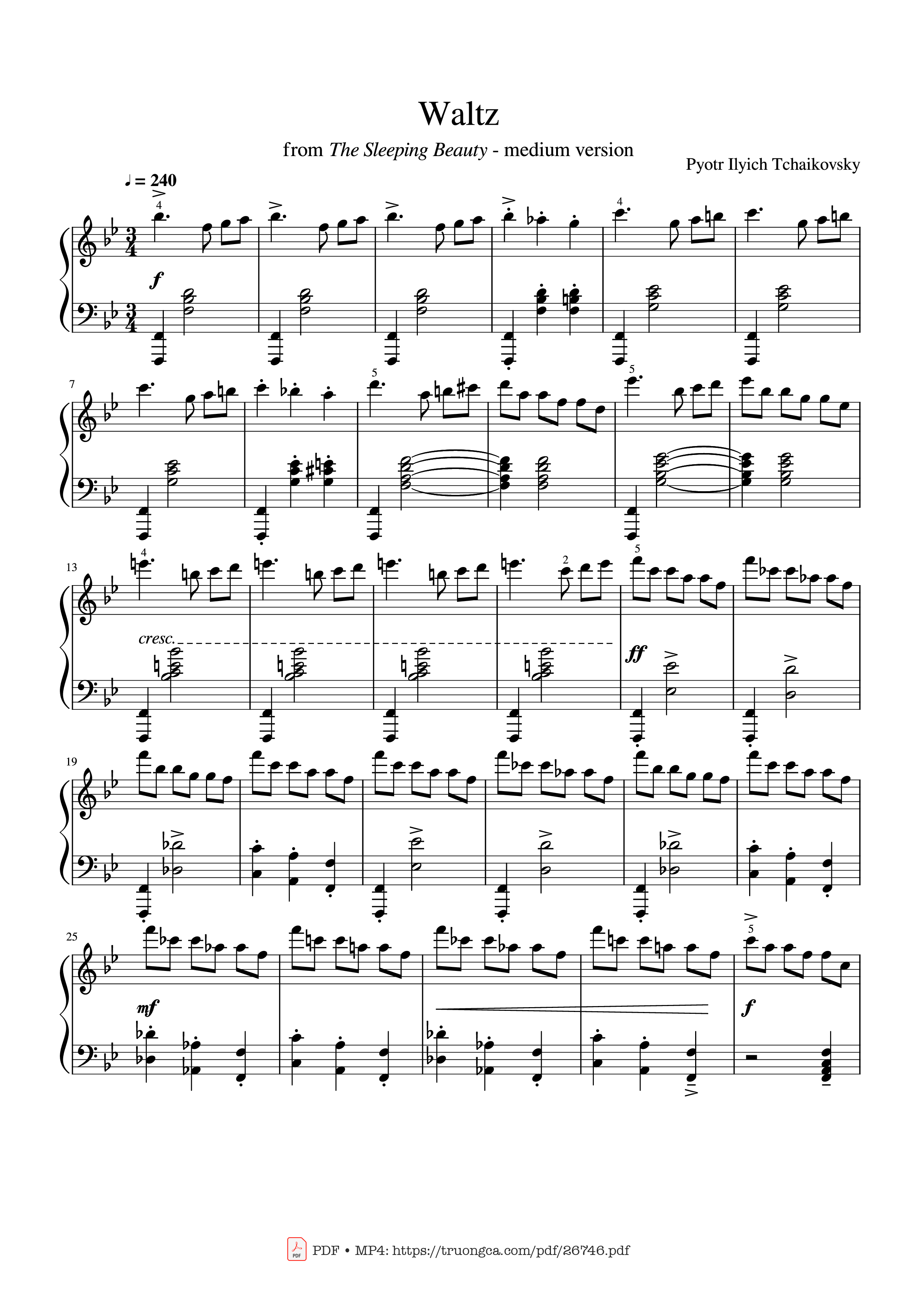 Page 1 of the piano sheet music PDF Piano – Tchaikovsky Waltz from "The Sleeping Beauty" Piano by Pyotr Ilyich Tchaikovsky
