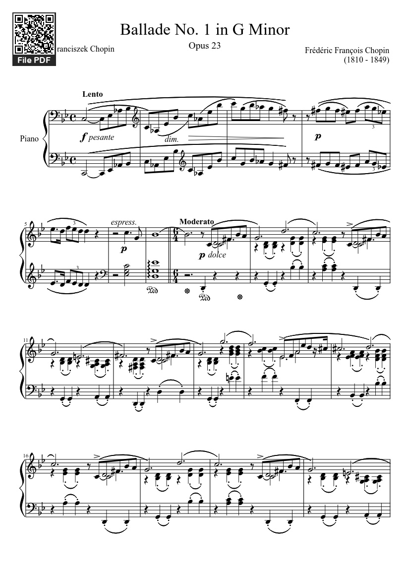 Page 1 of the piano sheet music PDF – Ballade No. 1 in G Minor Piano by Frédéric François Chopin