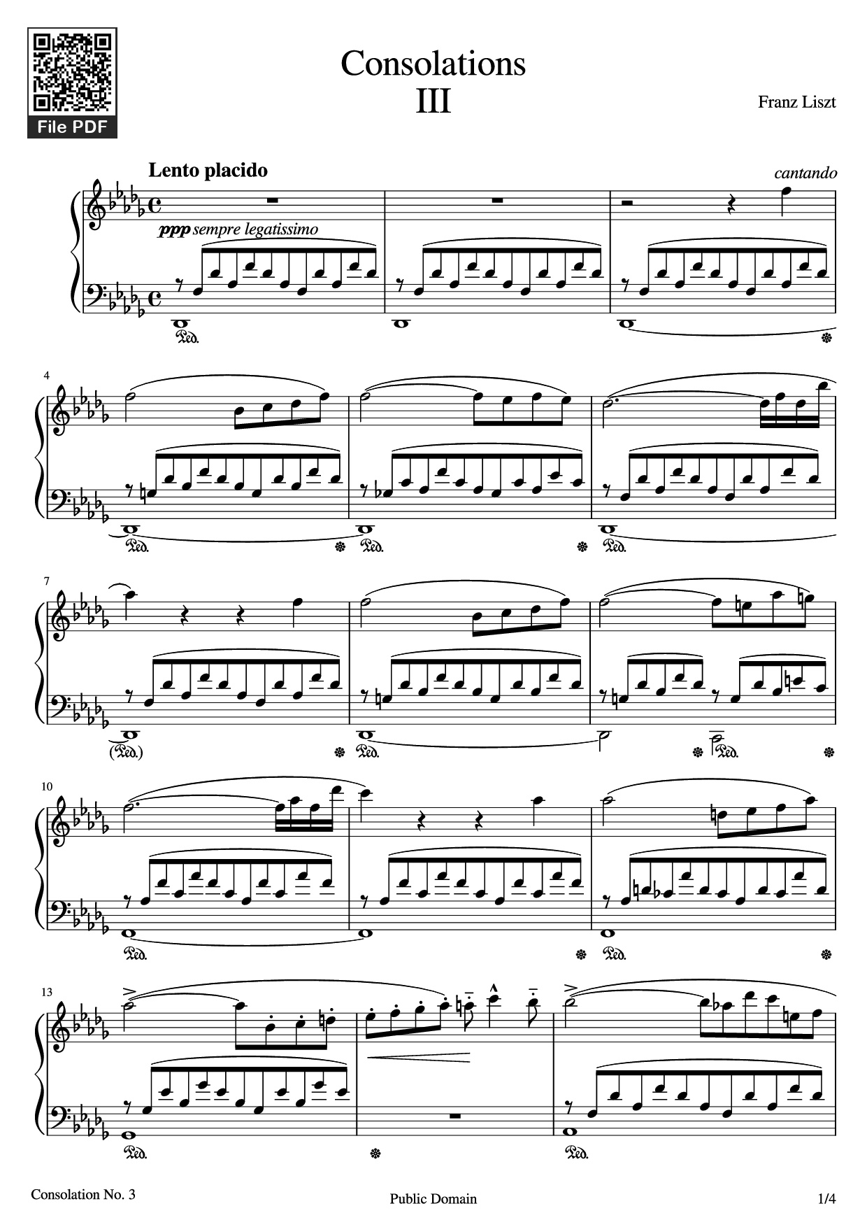 Page 1 of the piano sheet music PDF – Consolations Piano by Franz Liszt