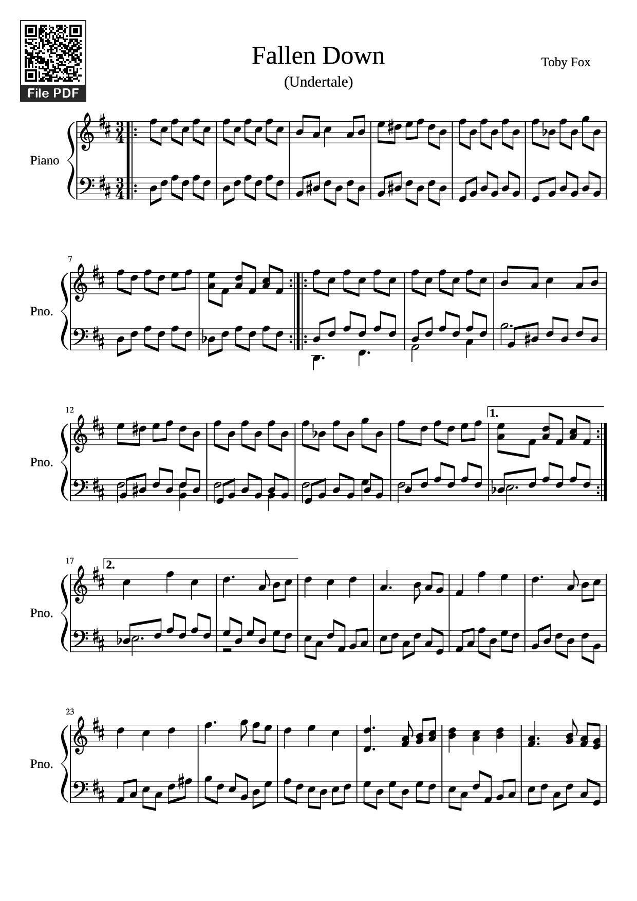 Page 1 of the piano sheet music PDF Piano – Fallen Down Piano by Toby Fox