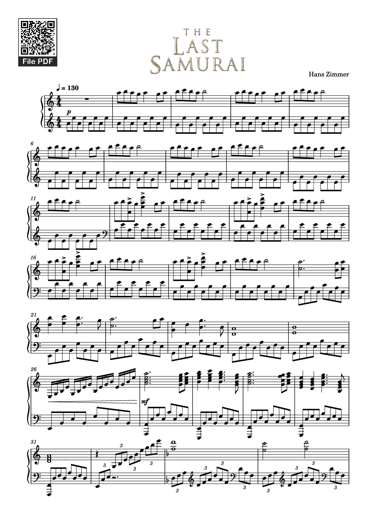 Page 1 of the piano sheet music PDF Piano – The Last Samurai Piano by Hans Zimmer