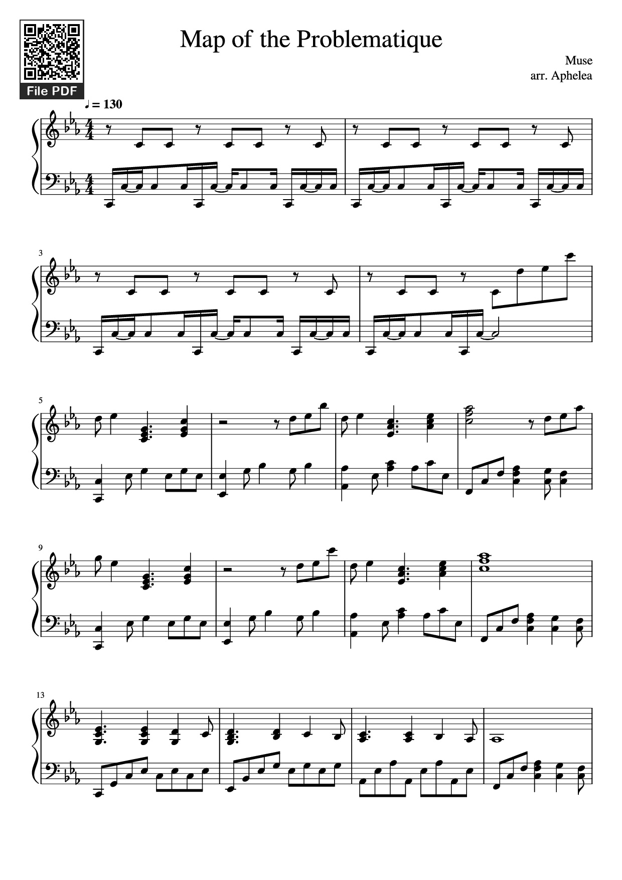 Page 1 of the piano sheet music PDF Piano – Map of the Problematique Piano by Muse arr. Aphelea